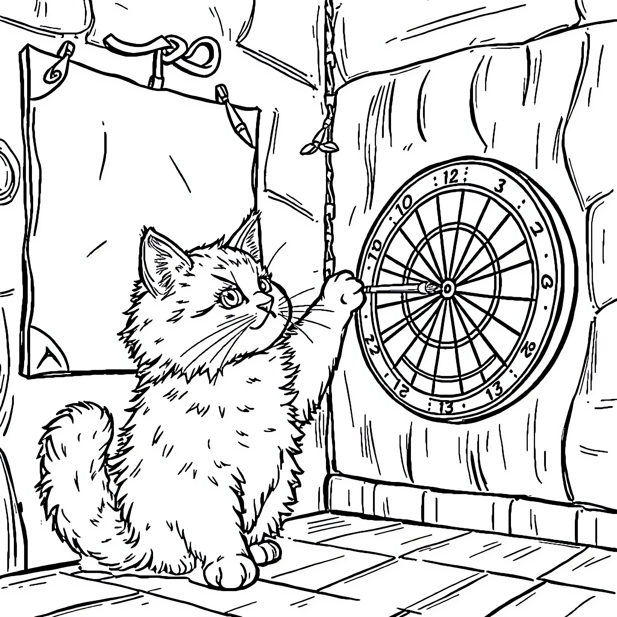 Cat playing with darts in a cozy home Coloring Page (free black-and-white line drawing printable PDF for all, from beginners to advanced learners, including children, teens, adults, and seniors)