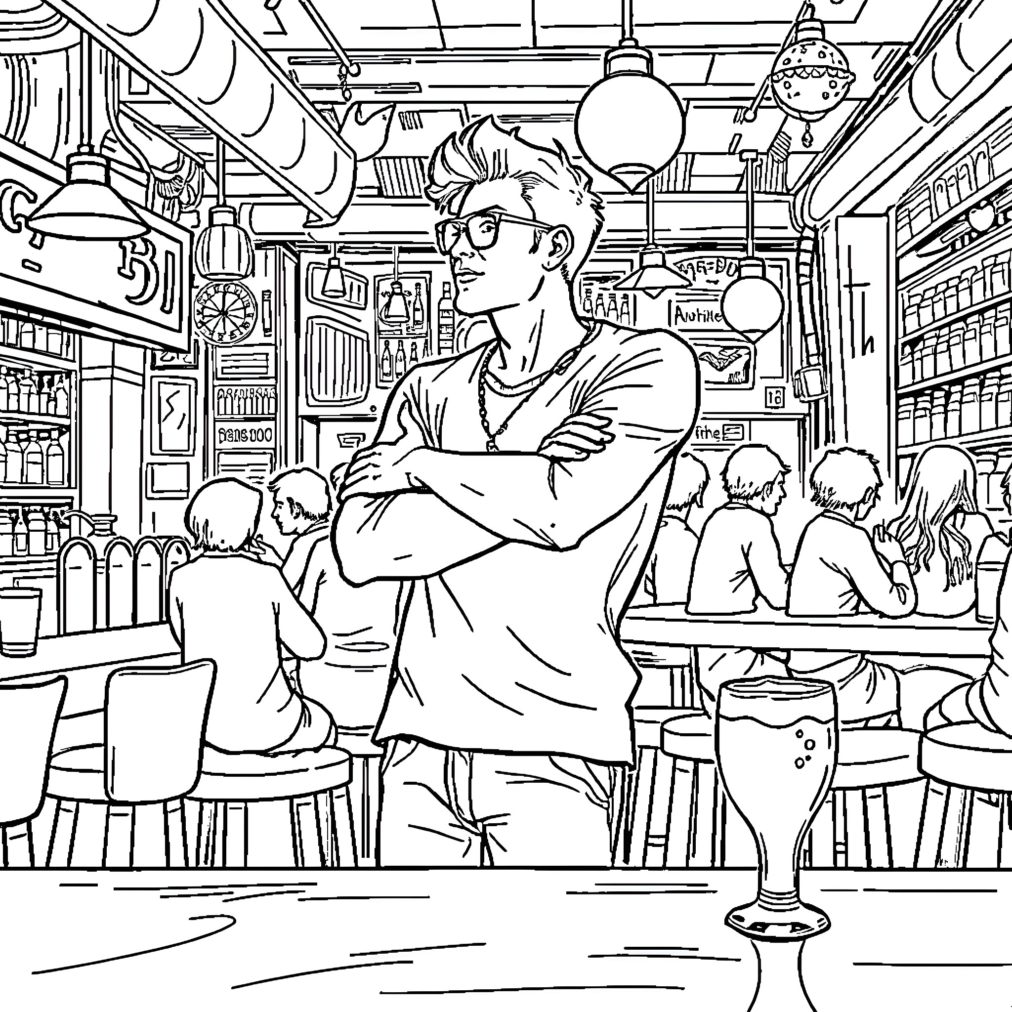 Hipster enjoying coffee in a quirky cafe Coloring Page (free black-and-white line drawing printable PDF for all, from beginners to advanced learners, including children, teens, adults, and seniors)