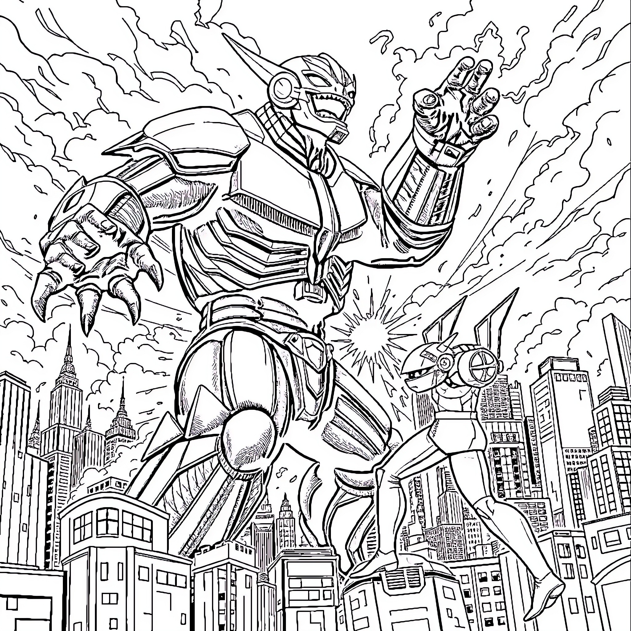 Ultraman battles through the city skyline Coloring Page (free black-and-white line drawing printable PDF for all, from beginners to advanced learners, including children, teens, adults, and seniors)