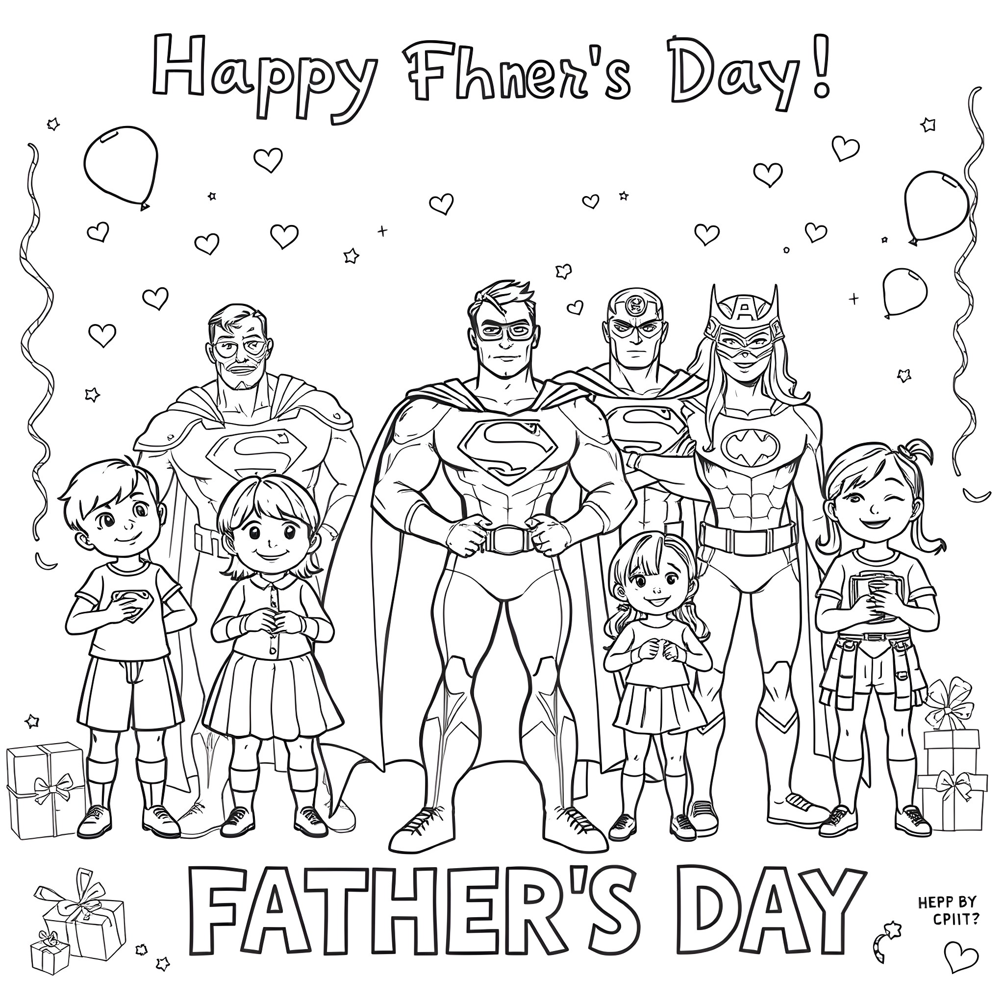 Superhero Family Celebrates Father's Day Coloring Page (free black-and-white line drawing printable PDF for all, from beginners to advanced learners, including children, teens, adults, and seniors)