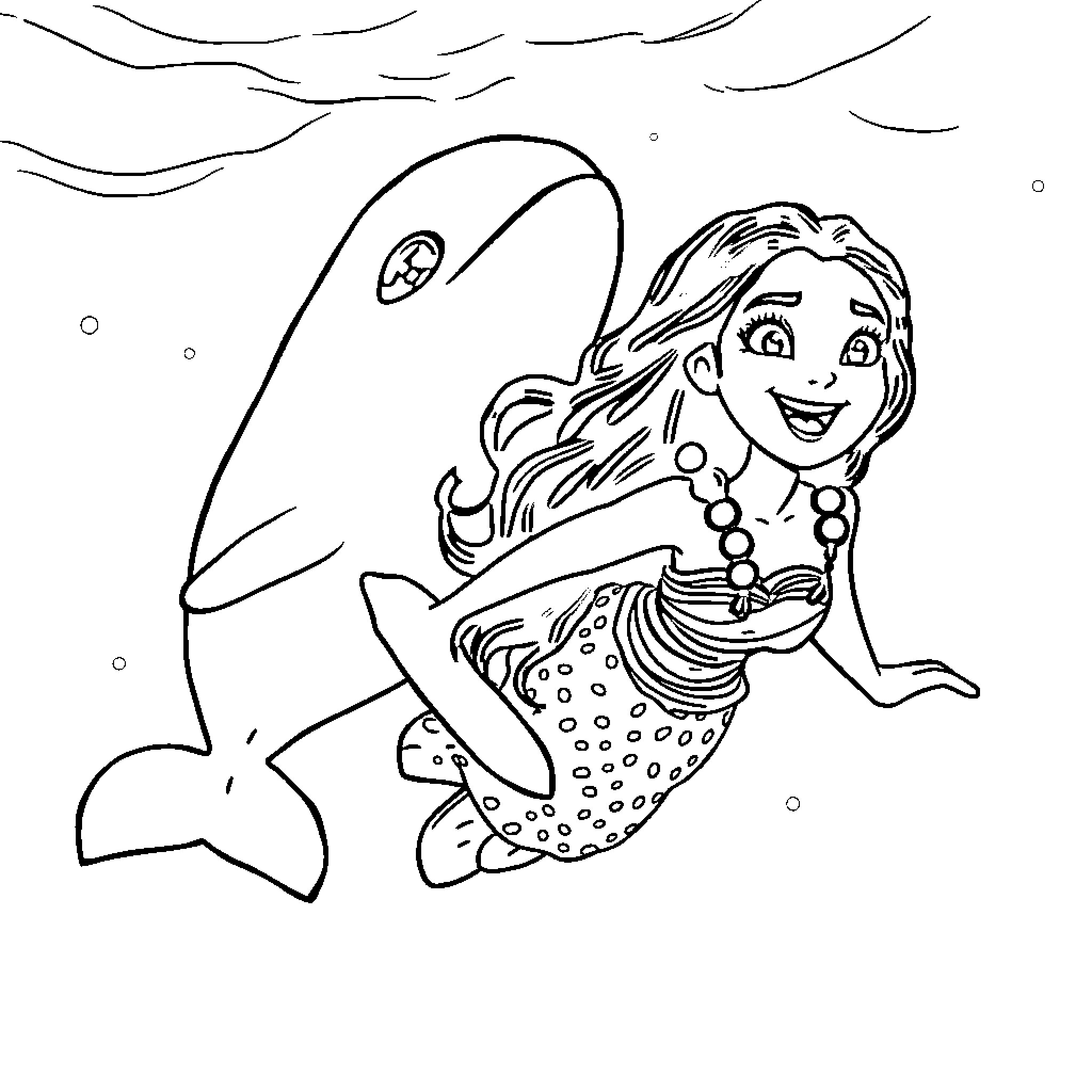 Moana swimming with a friendly dolphin Coloring Page (free black-and-white line drawing printable PDF for all, from beginners to advanced learners, including children, teens, adults, and seniors)