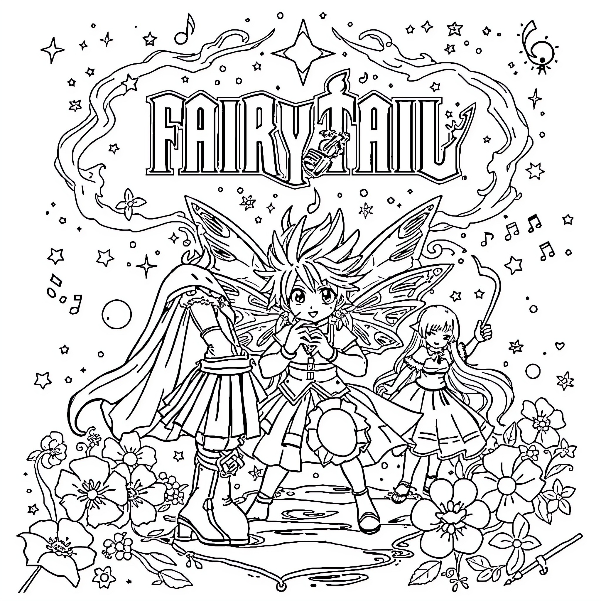 Manga Fantasy Adventure Characters in Floral Scene Coloring Page (free black-and-white line drawing printable PDF for all, from beginners to advanced learners, including children, teens, adults, and seniors)