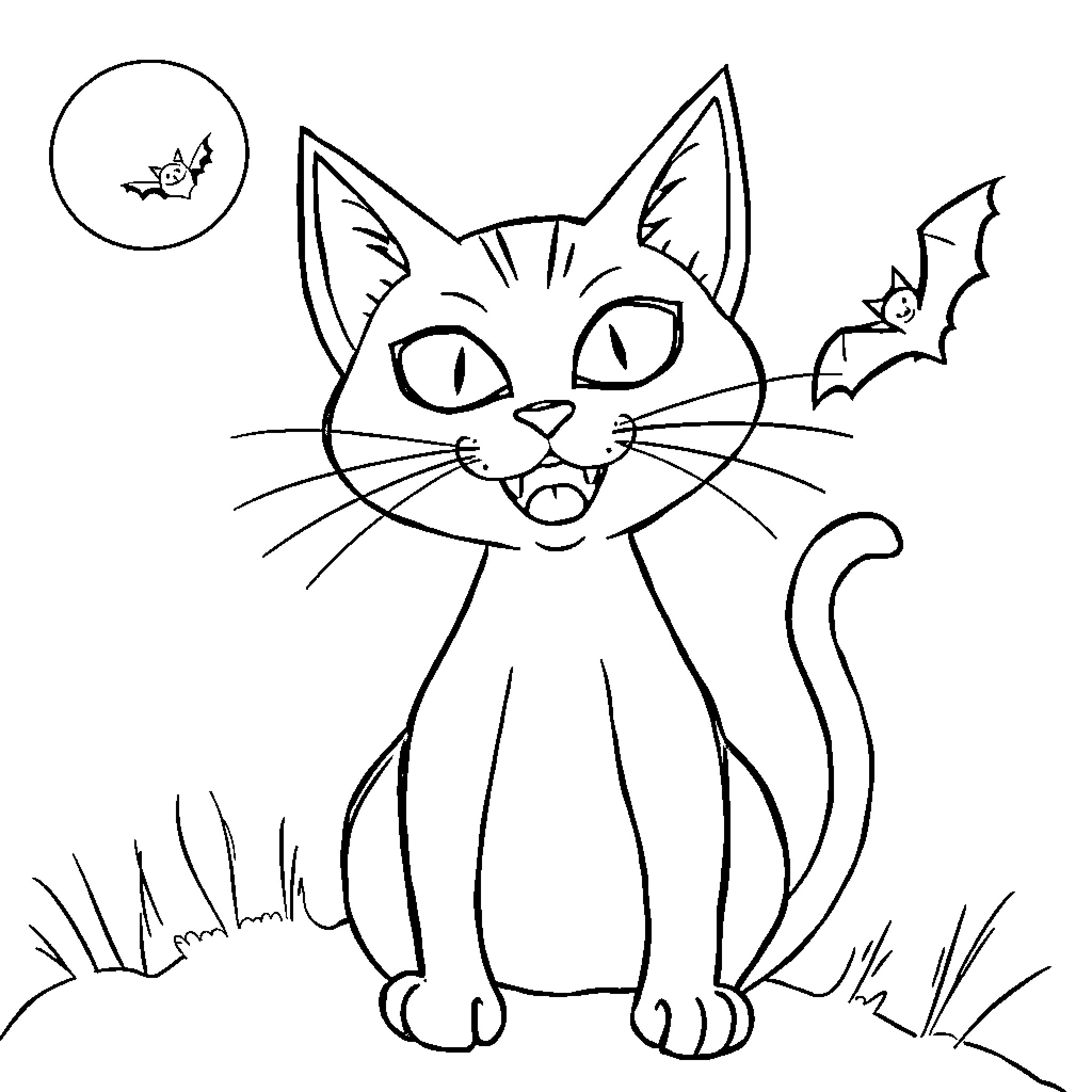 Cat with surprised expression in the woods Coloring Page (free black-and-white line drawing printable PDF for all, from beginners to advanced learners, including children, teens, adults, and seniors)