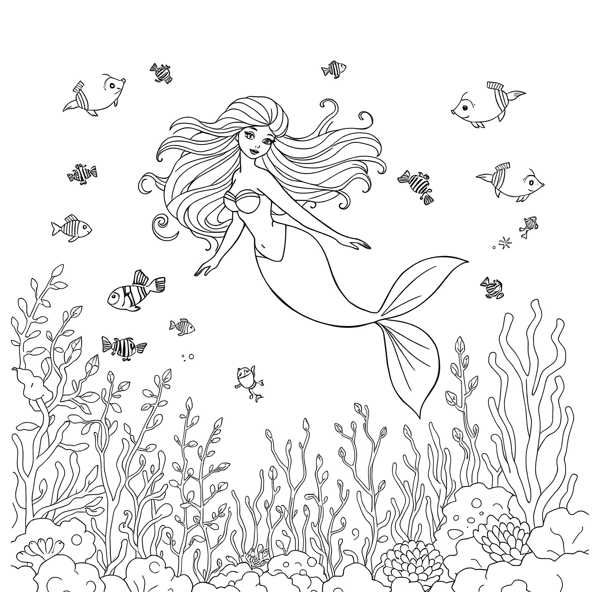 Bluey the Mermaid Exploring the Underwater World Coloring Page (free black-and-white line drawing printable PDF for all, from beginners to advanced learners, including children, teens, adults, and seniors)