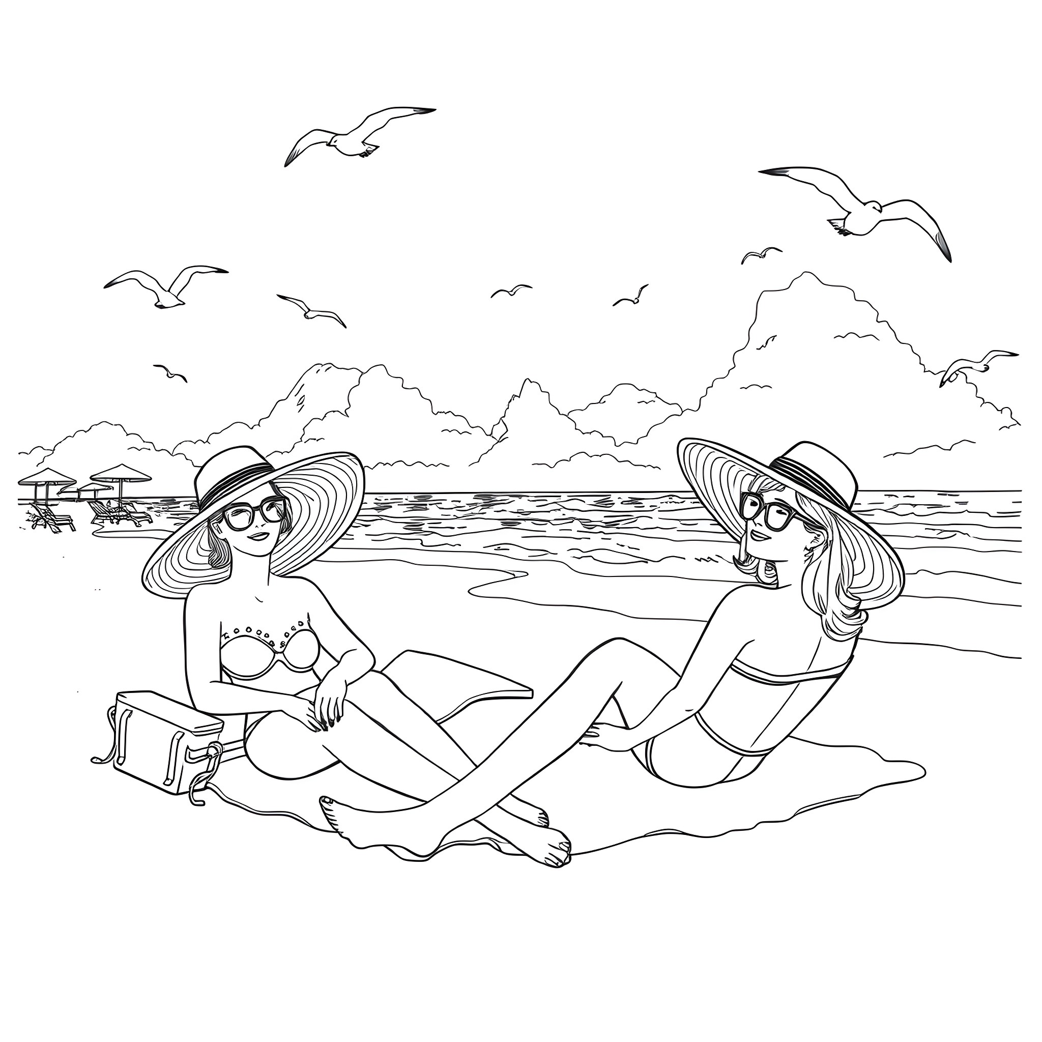 Women relaxing on the beach Coloring Page (free black-and-white line drawing printable PDF for all, from beginners to advanced learners, including children, teens, adults, and seniors)