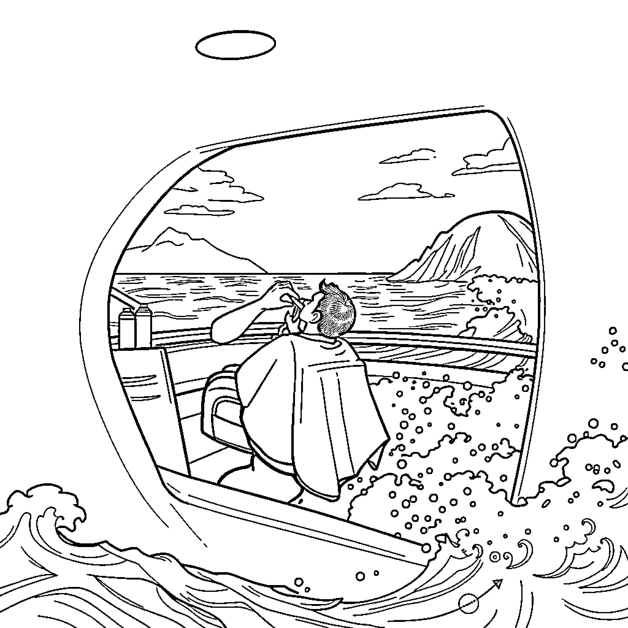 Barber Providing Haircut on a Boat at Sea Coloring Page (free black-and-white line drawing printable PDF for all, from beginners to advanced learners, including children, teens, adults, and seniors)