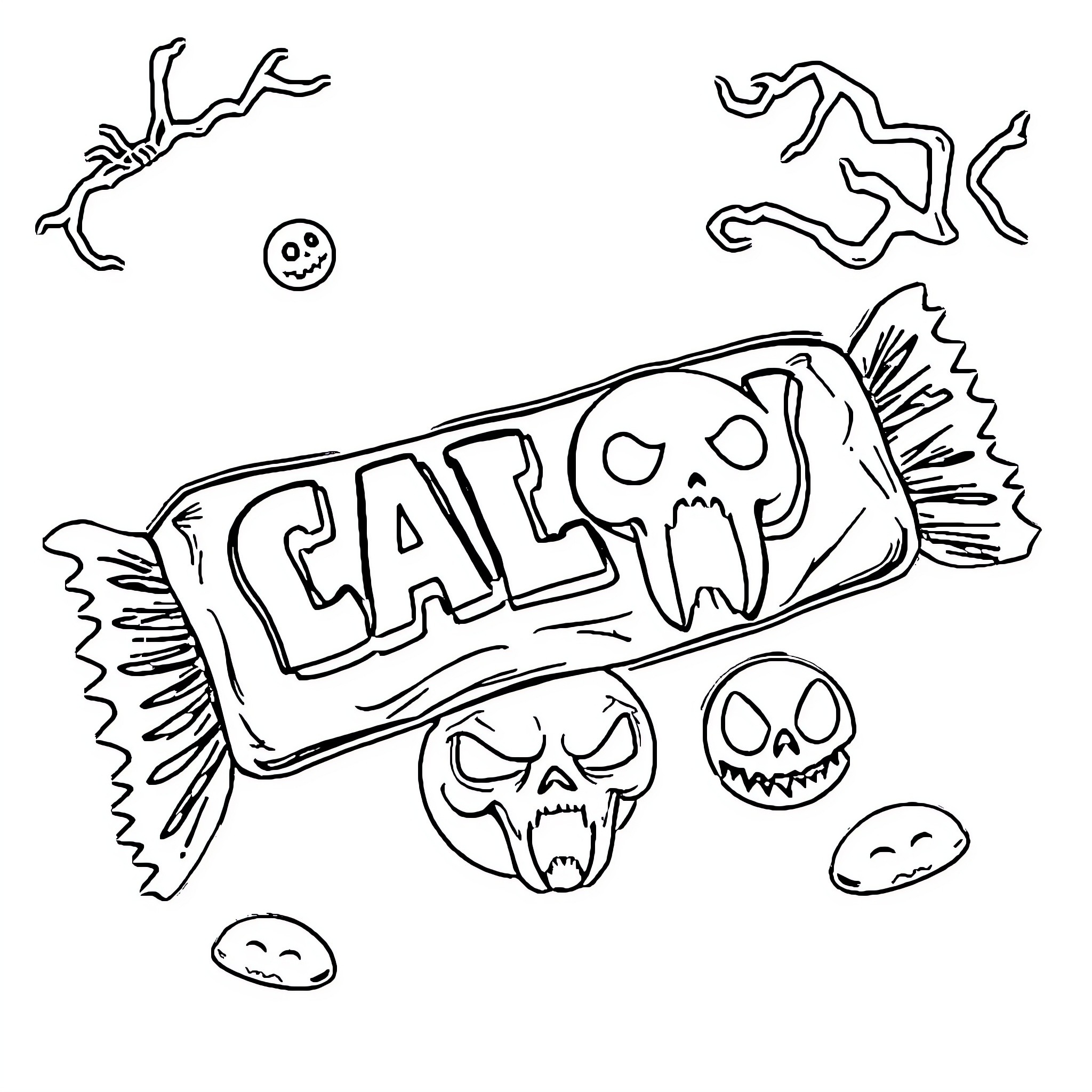 Candy Bar with Spooky Skull Designs Coloring Page (free black-and-white line drawing printable PDF for all, from beginners to advanced learners, including children, teens, adults, and seniors)