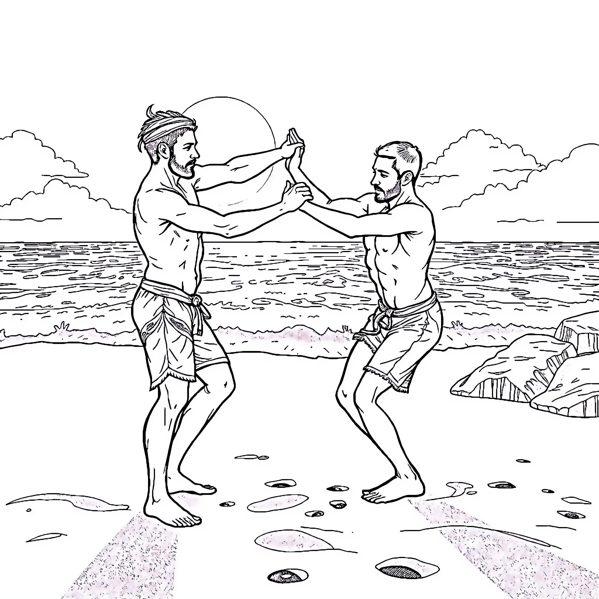 Men Sparring on the Beach Coloring Page (free black-and-white line drawing printable PDF for all, from beginners to advanced learners, including children, teens, adults, and seniors)