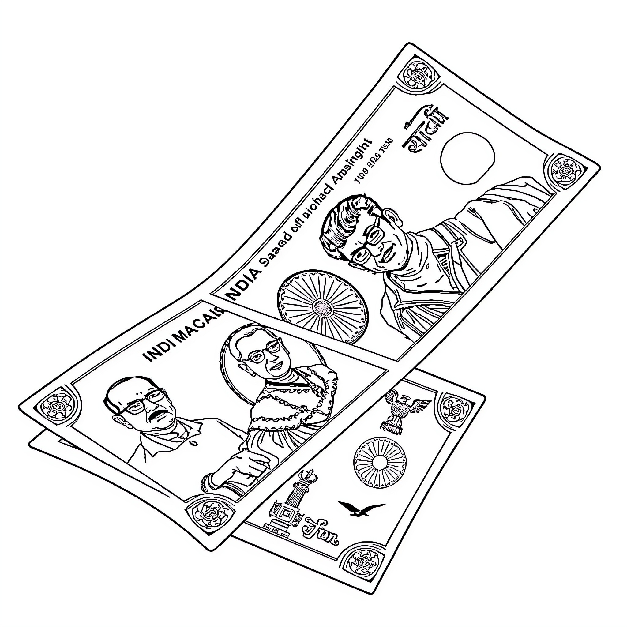 Note Indian Symbols and Prominent Figures Coloring Page (free black-and-white line drawing printable PDF for all, from beginners to advanced learners, including children, teens, adults, and seniors)