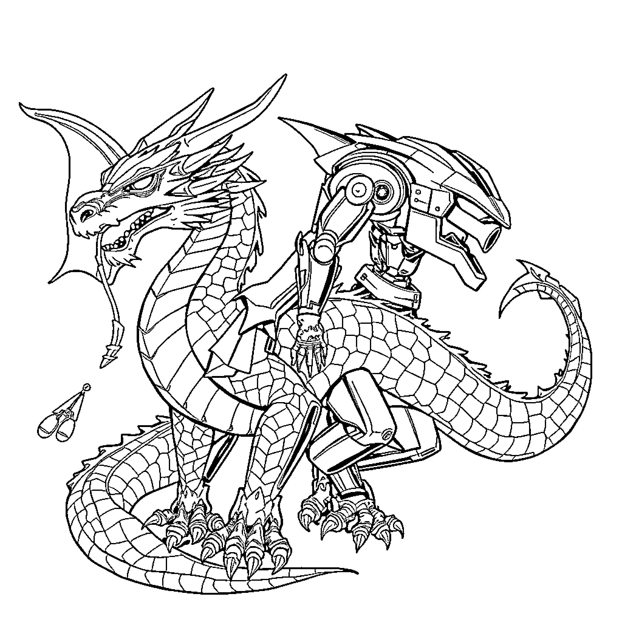 Dragon mechanical warriors in battle formation Coloring Page (free black-and-white line drawing printable PDF for all, from beginners to advanced learners, including children, teens, adults, and seniors)