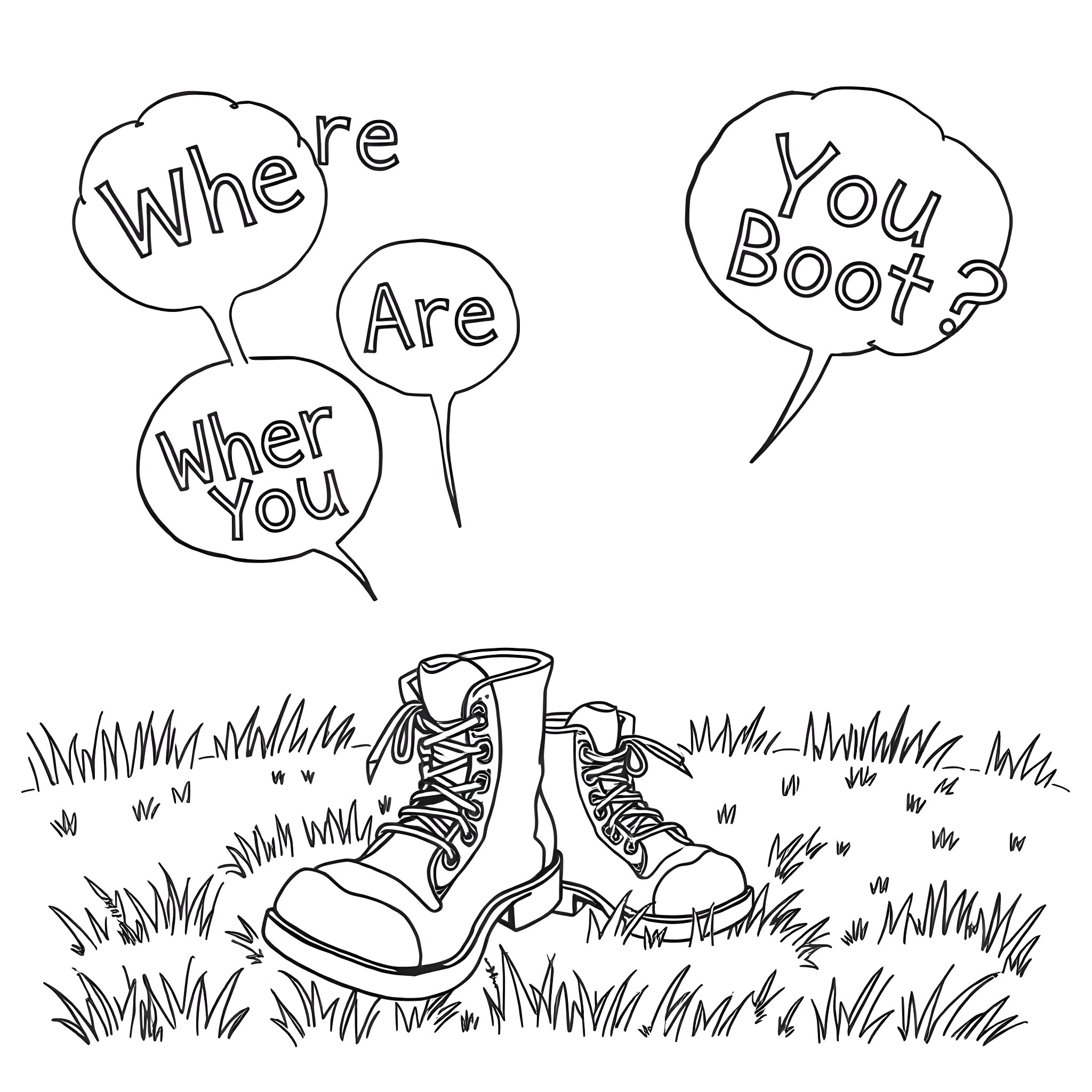 Letter from the Boot to Where You Are Coloring Page (free black-and-white line drawing printable PDF for all, from beginners to advanced learners, including children, teens, adults, and seniors)