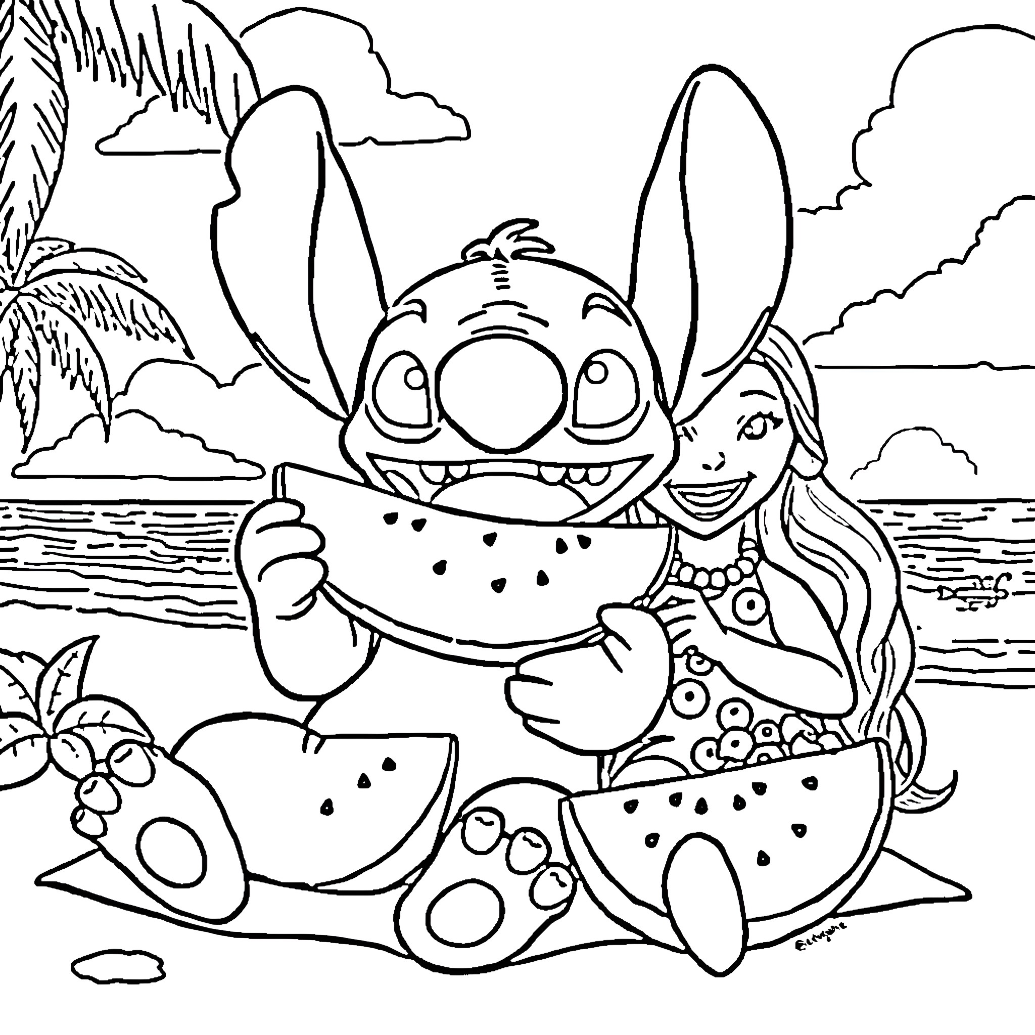 Stitch and his mermaid friend enjoying watermelon on the beach Coloring Page (free black-and-white line drawing printable PDF for all, from beginners to advanced learners, including children, teens, adults, and seniors)