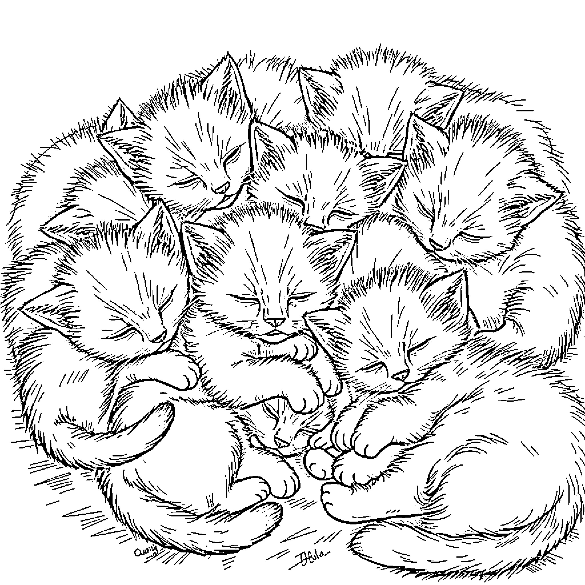 Kittens napping together in a cozy bundle Coloring Page (free black-and-white line drawing printable PDF for all, from beginners to advanced learners, including children, teens, adults, and seniors)
