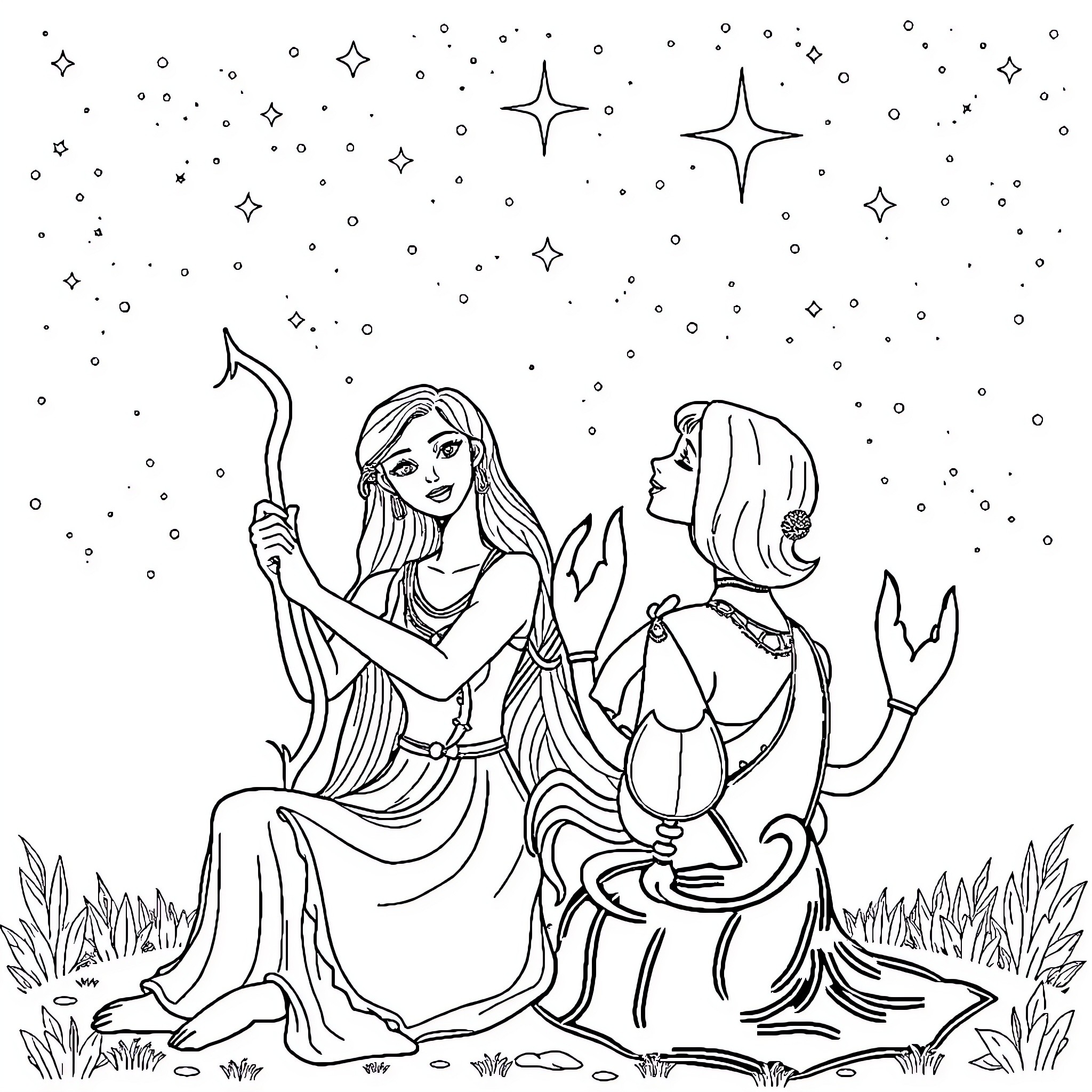 Sagittarius Celestial Companions in the Starry Night Coloring Page (free black-and-white line drawing printable PDF for all, from beginners to advanced learners, including children, teens, adults, and seniors)