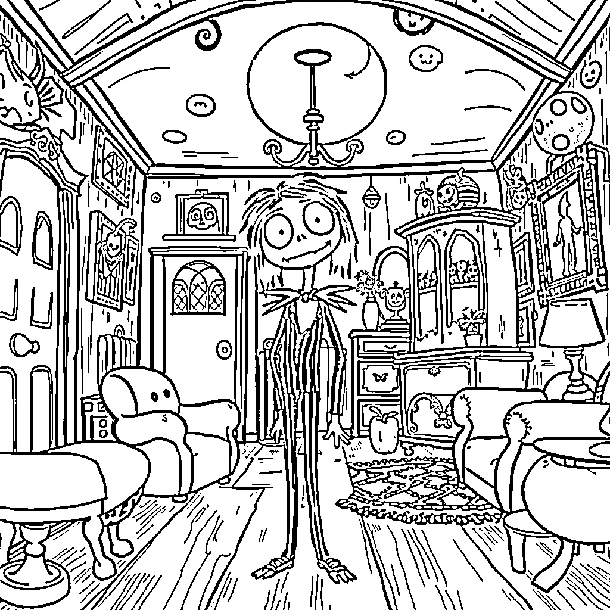 Coraline's Unusual and Mysterious Home Coloring Page (free black-and-white line drawing printable PDF for all, from beginners to advanced learners, including children, teens, adults, and seniors)