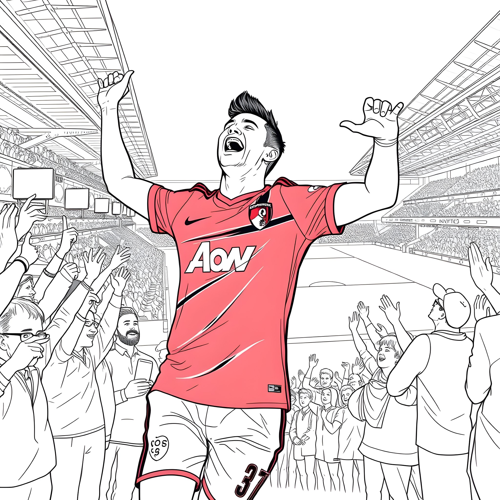 Illia Zabarnyi celebrating victory in the stadium Coloring Page (free black-and-white line drawing printable PDF for all, from beginners to advanced learners, including children, teens, adults, and seniors)