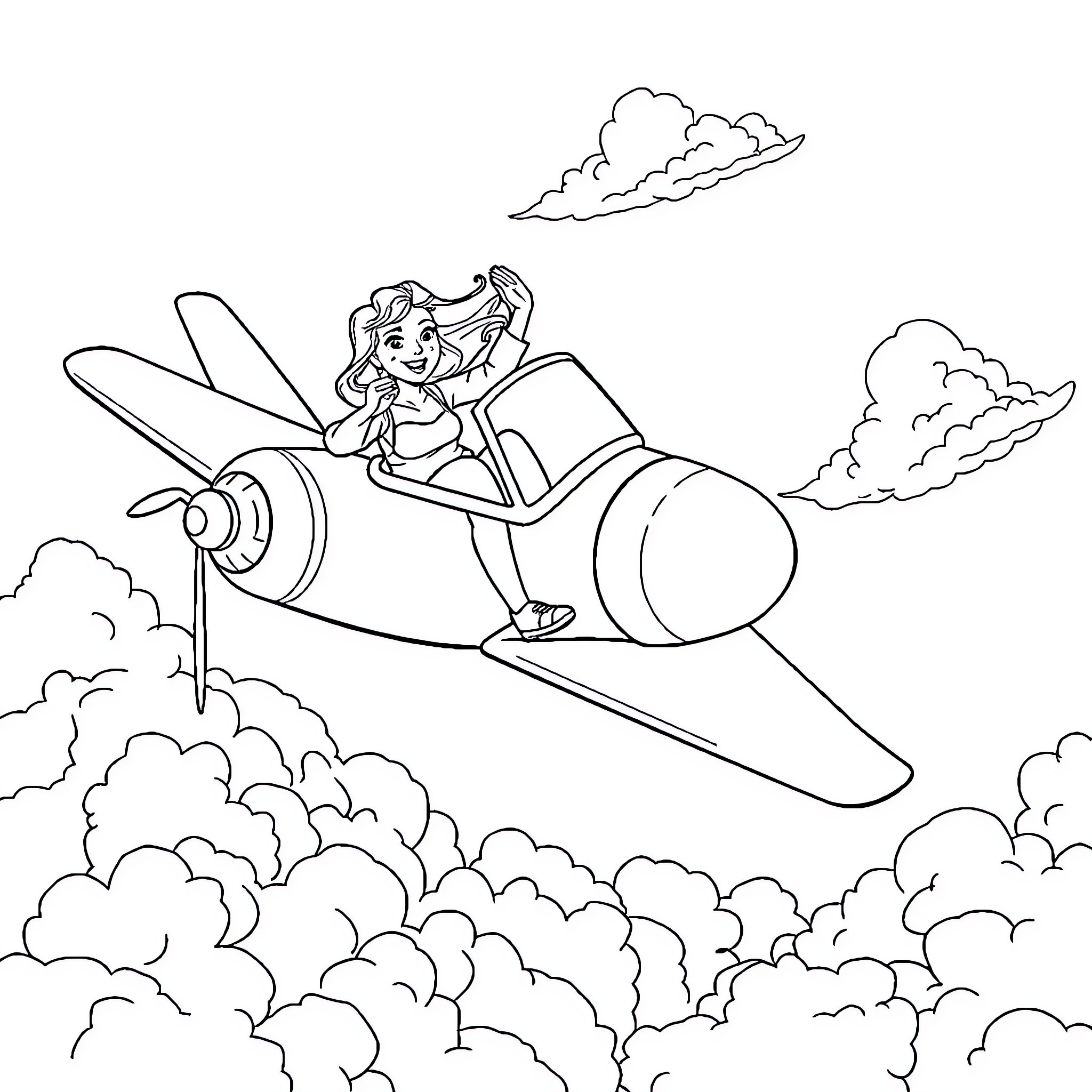 Woman flying a toy plane in the sky Coloring Page (free black-and-white line drawing printable PDF for all, from beginners to advanced learners, including children, teens, adults, and seniors)
