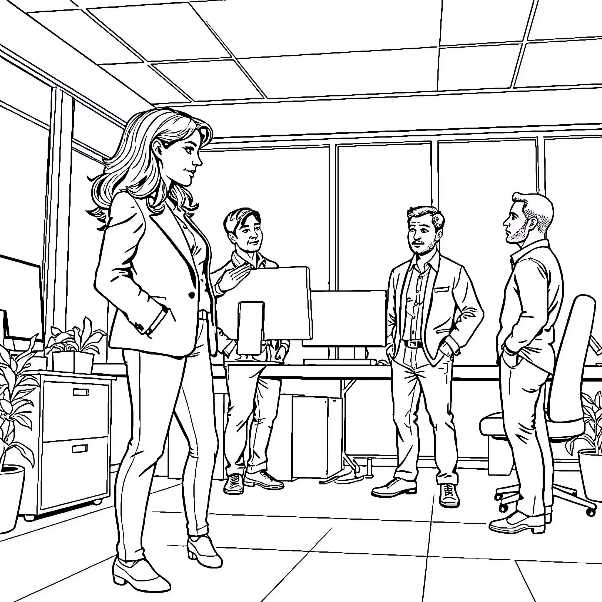 Woman in conversation with colleagues in office Coloring Page (free black-and-white line drawing printable PDF for all, from beginners to advanced learners, including children, teens, adults, and seniors)