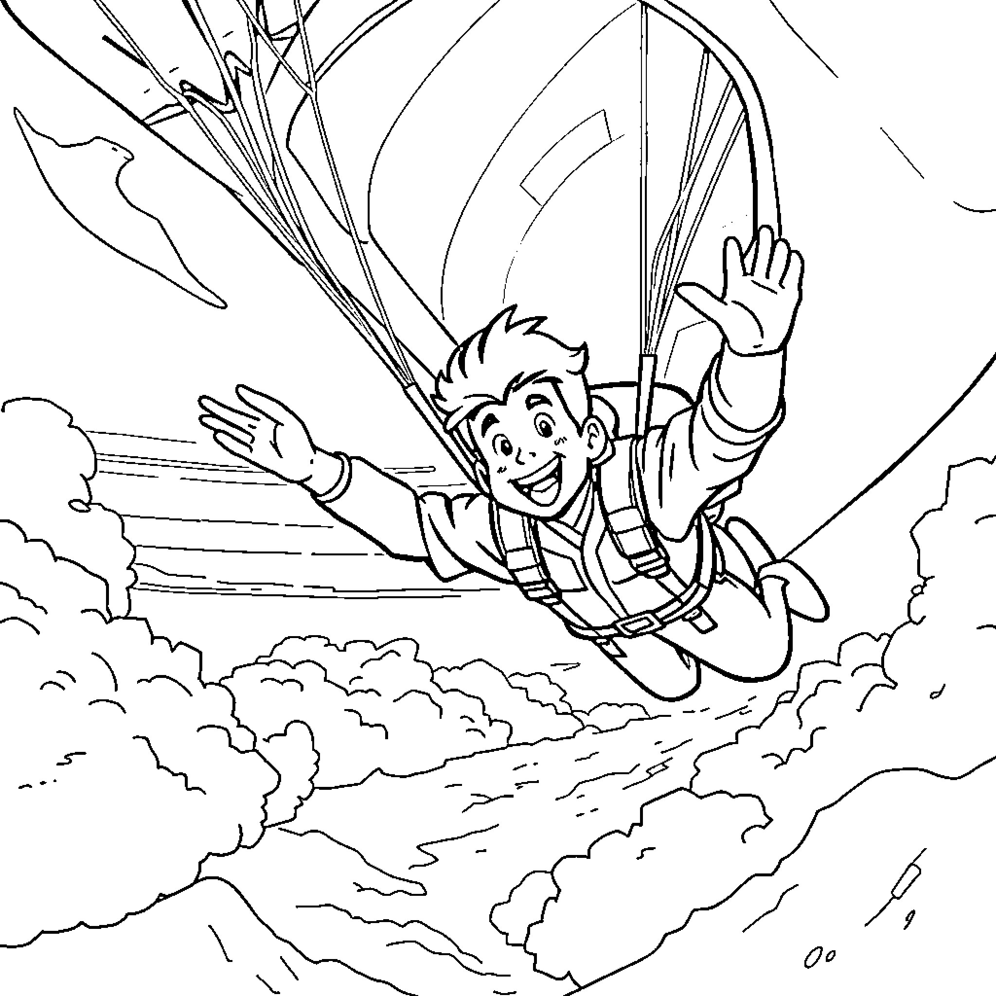 Miguel soaring with joy through the clouds Coloring Page (free black-and-white line drawing printable PDF for all, from beginners to advanced learners, including children, teens, adults, and seniors)