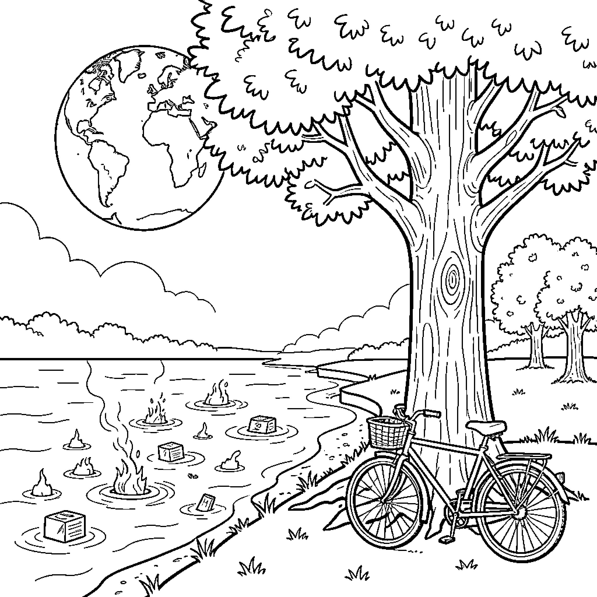 Earth's Scenic Landscape with Vibrant Nature Coloring Page (free black-and-white line drawing printable PDF for all, from beginners to advanced learners, including children, teens, adults, and seniors)