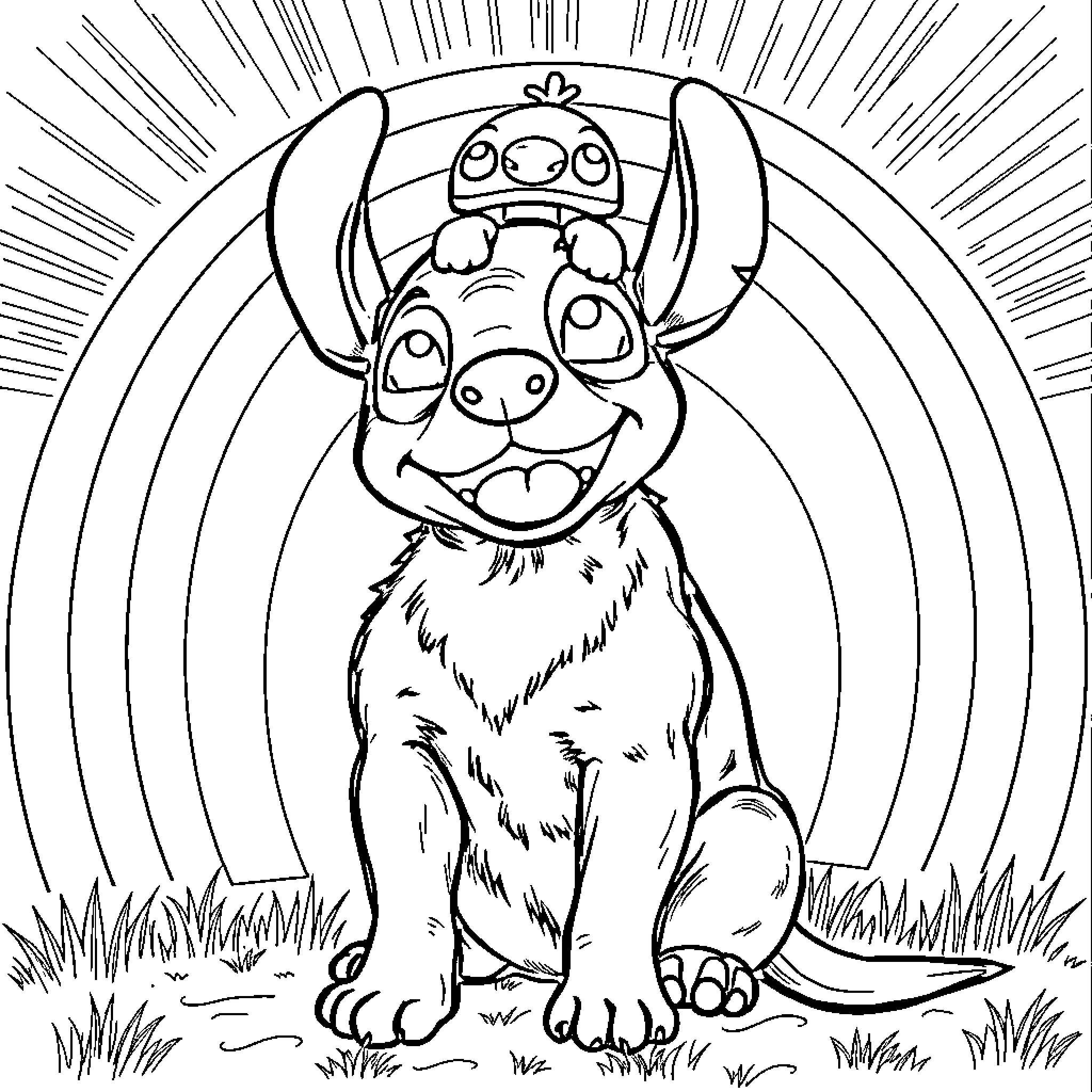 Dog sitting playfully in the sunshine Coloring Page (free black-and-white line drawing printable PDF for all, from beginners to advanced learners, including children, teens, adults, and seniors)