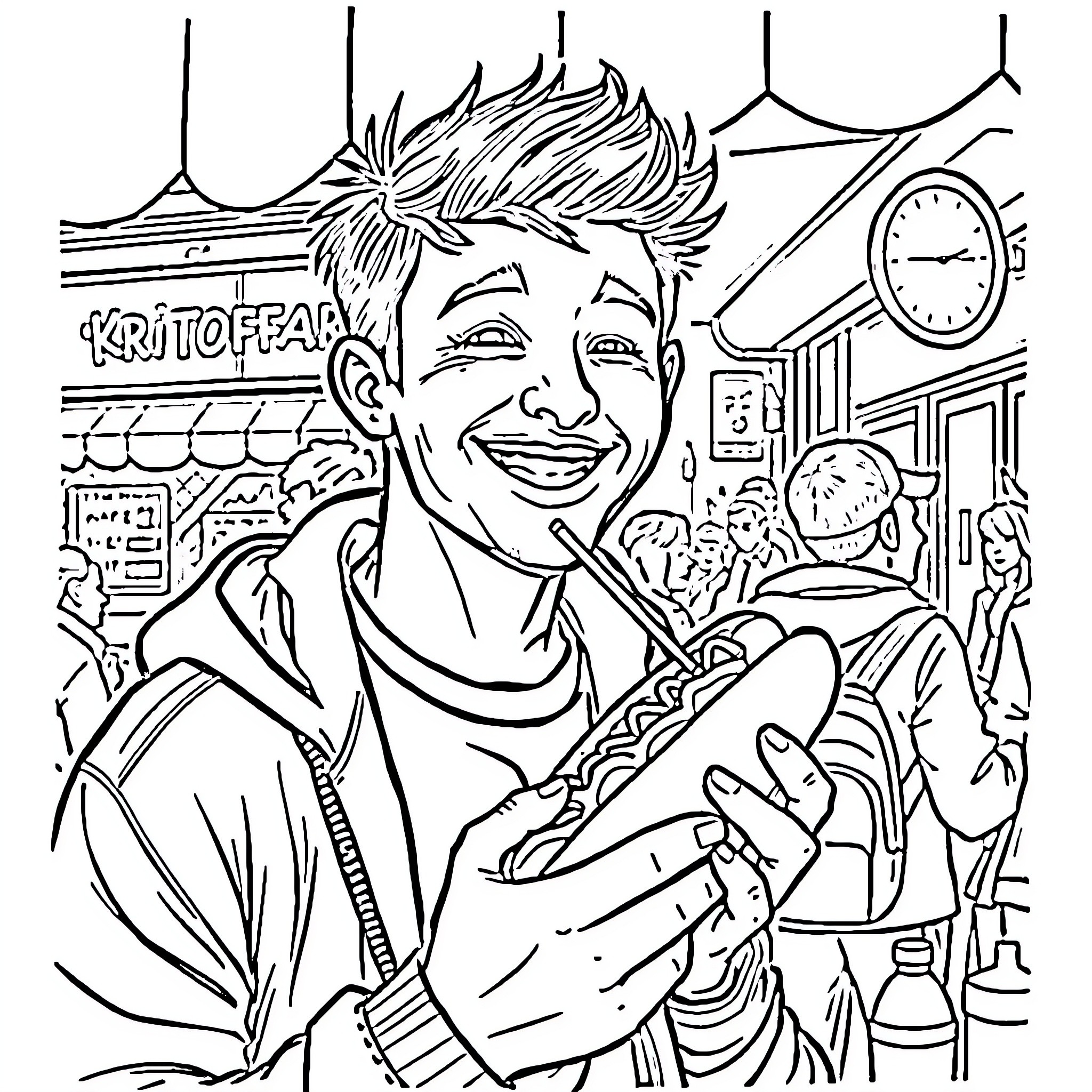 Kristoffer Hay enjoying a meal in a bustling cafe Coloring Page (free black-and-white line drawing printable PDF for all, from beginners to advanced learners, including children, teens, adults, and seniors)
