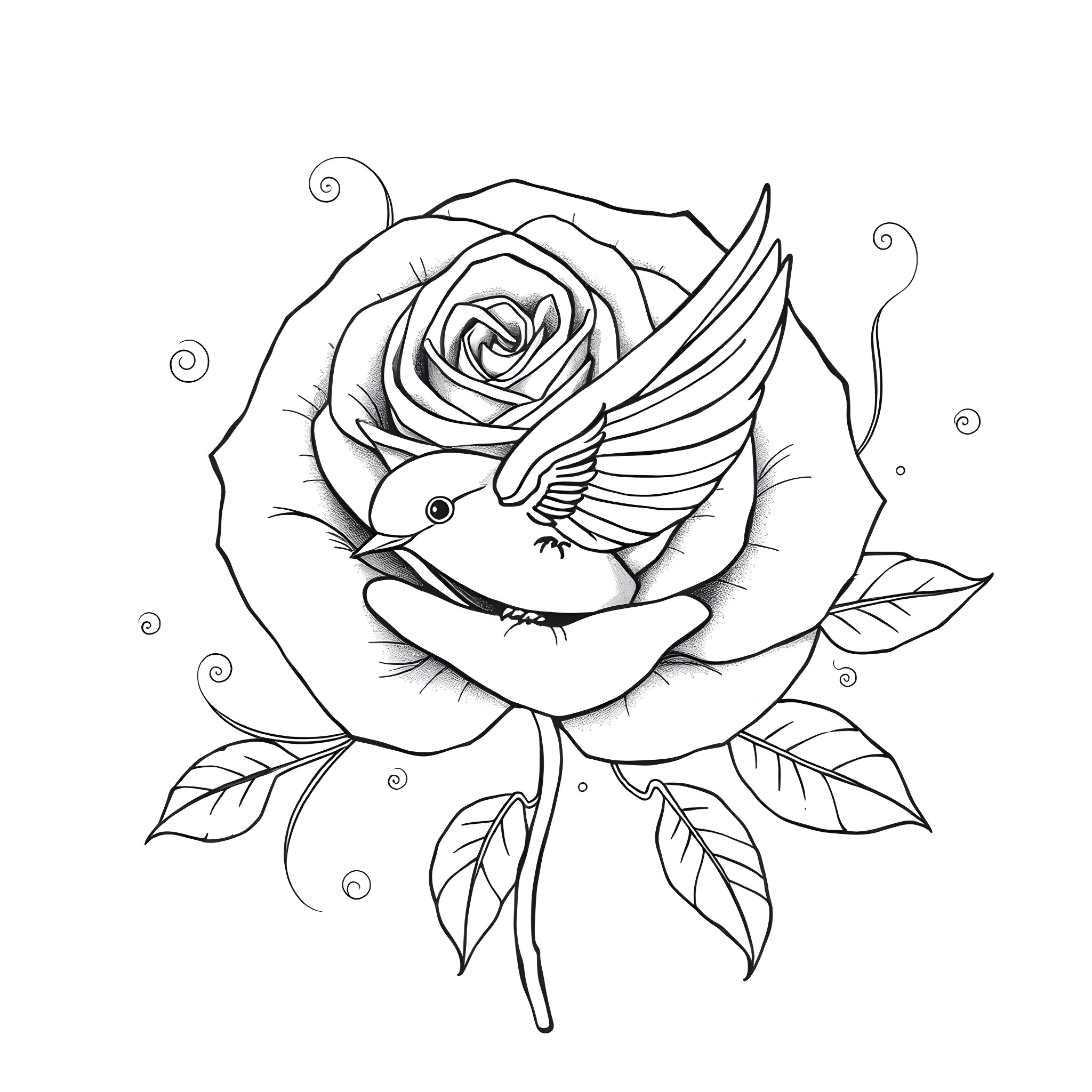 Rose with a Perched Hummingbird Coloring Page (free black-and-white line drawing printable PDF for all, from beginners to advanced learners, including children, teens, adults, and seniors)