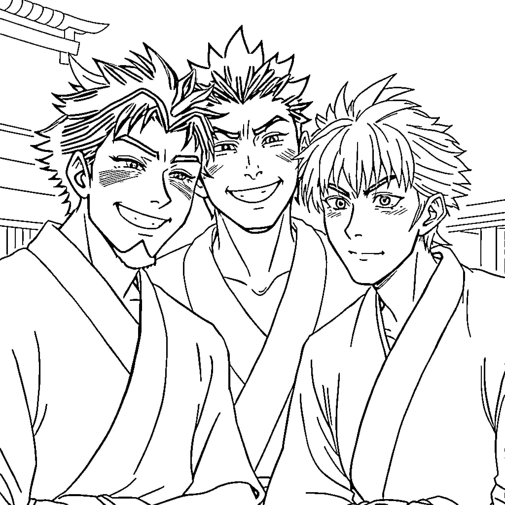 Tanjiro and friends in animated style Coloring Page (free black-and-white line drawing printable PDF for all, from beginners to advanced learners, including children, teens, adults, and seniors)