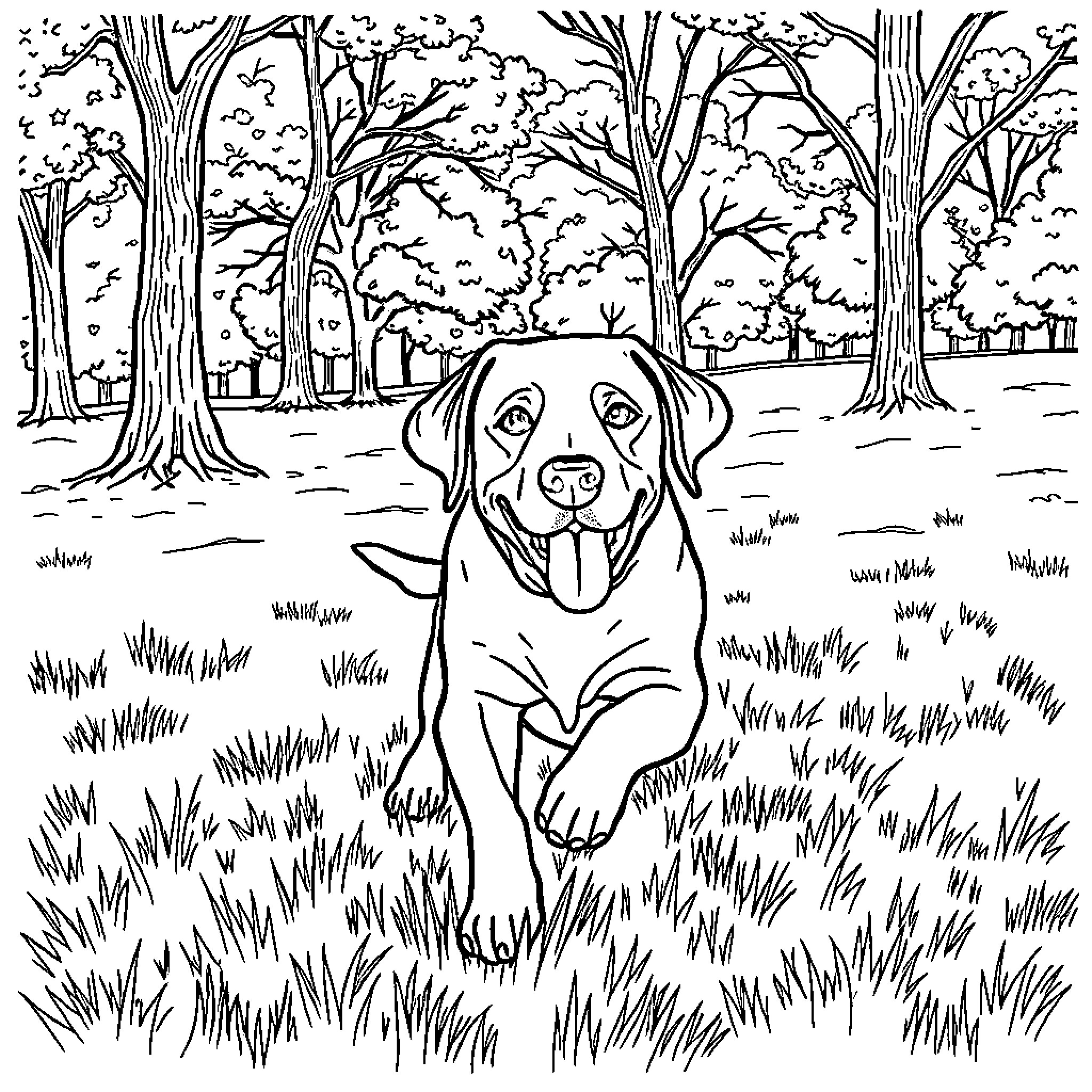 Lab Canine Frolicking in Forested Landscape Coloring Page (free black-and-white line drawing printable PDF for all, from beginners to advanced learners, including children, teens, adults, and seniors)