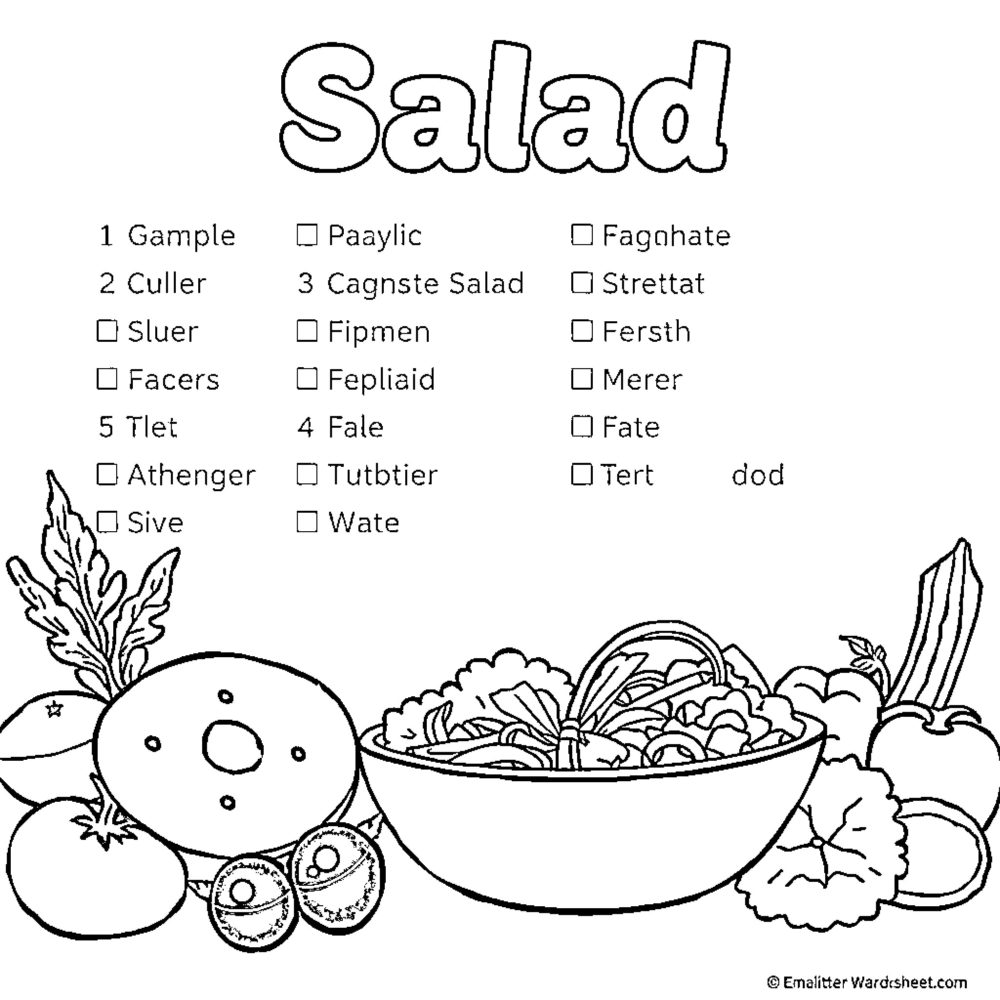 Salad ingredients and serving dish Coloring Page (free black-and-white line drawing printable PDF for all, from beginners to advanced learners, including children, teens, adults, and seniors)