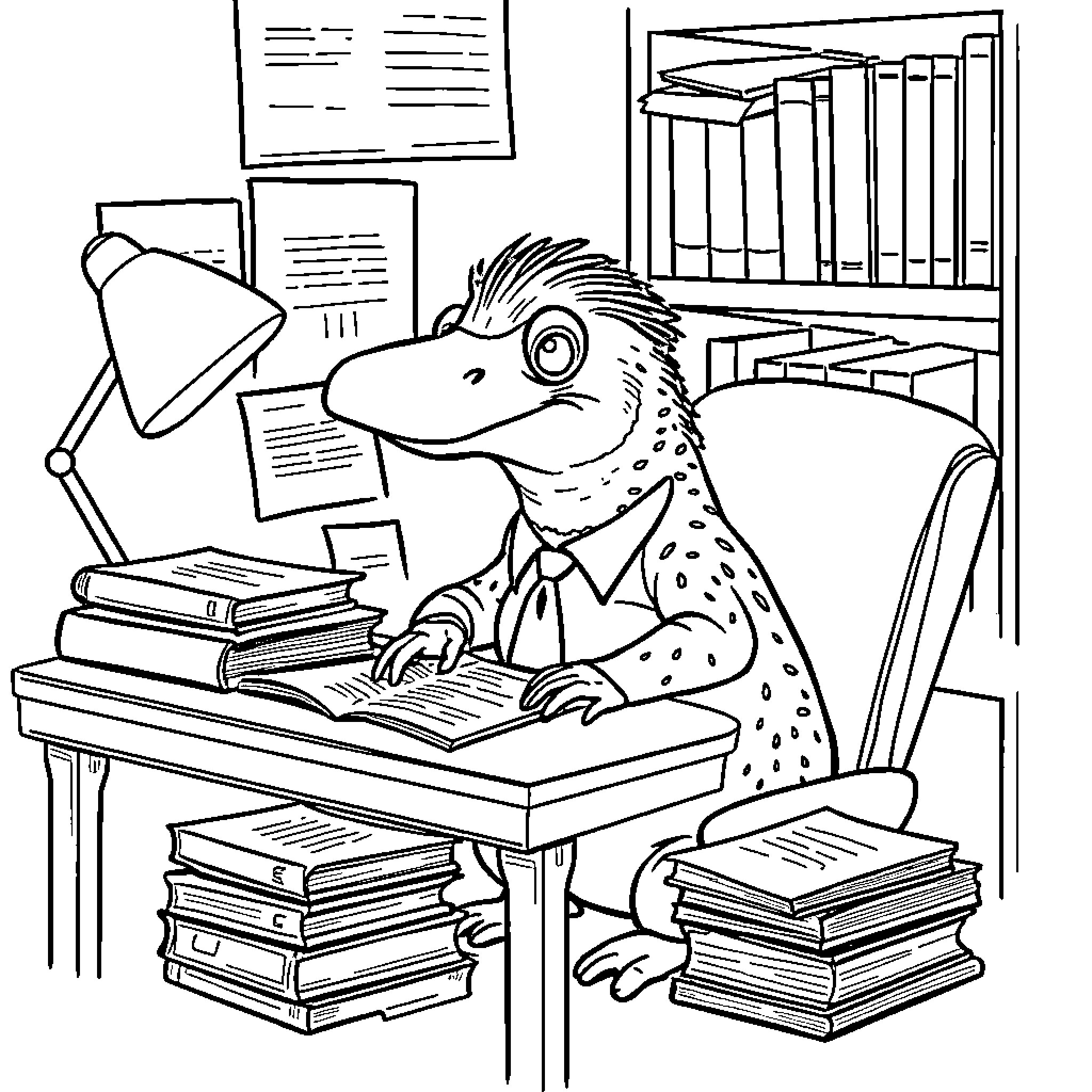 Platypus studying diligently at desk in library Coloring Page (free black-and-white line drawing printable PDF for all, from beginners to advanced learners, including children, teens, adults, and seniors)