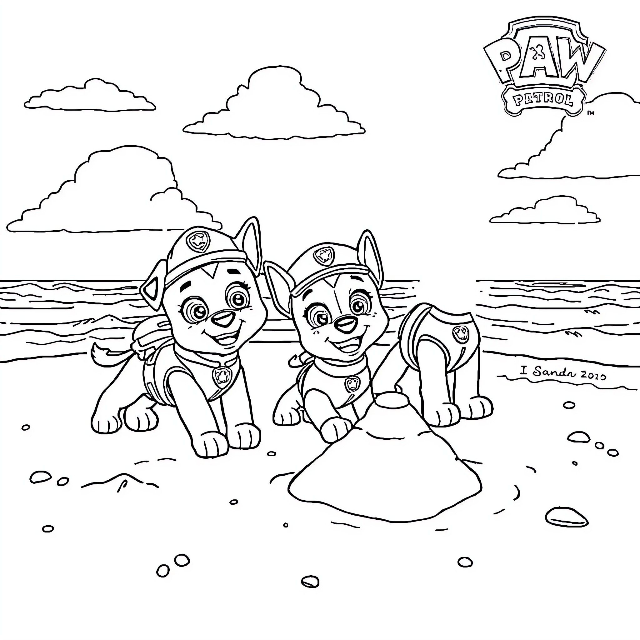 Paw Patrol pups playing on the beach Coloring Page (free black-and-white line drawing printable PDF for all, from beginners to advanced learners, including children, teens, adults, and seniors)