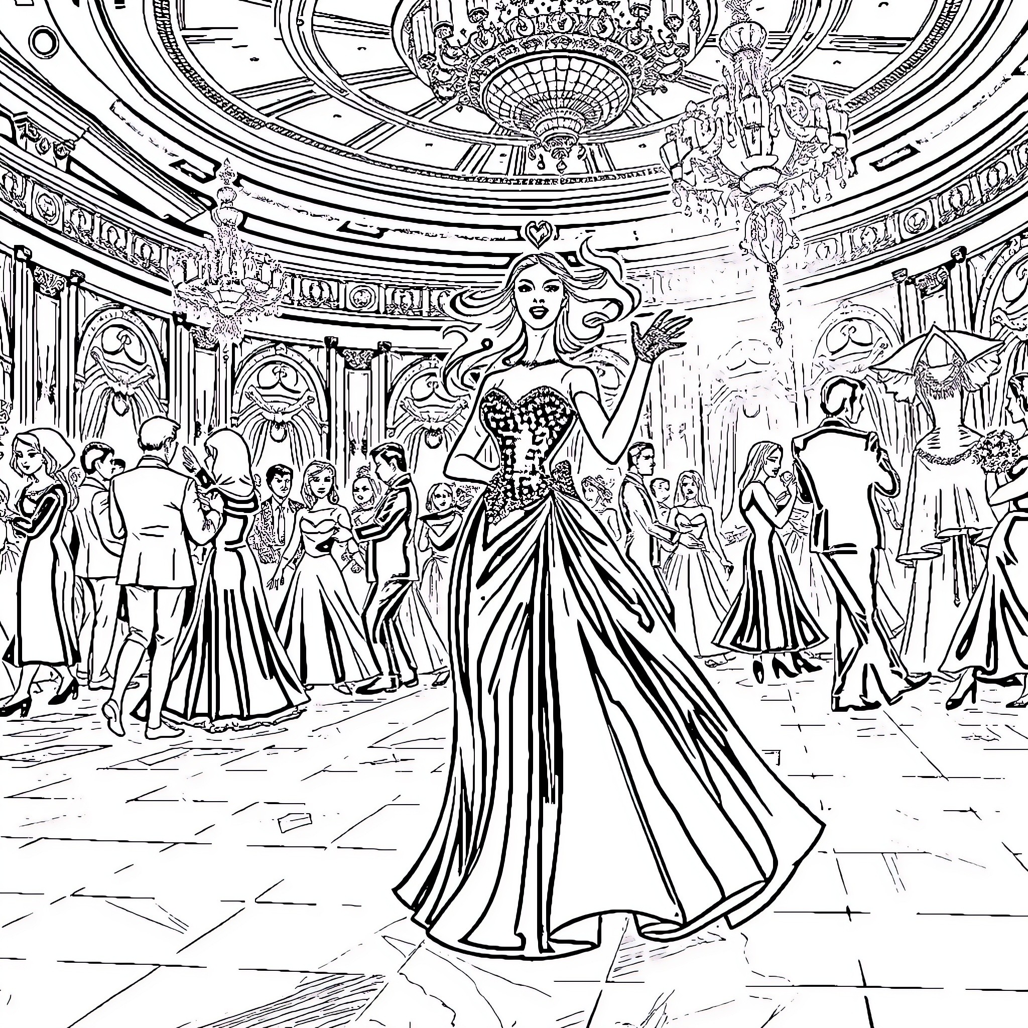 Cinderella's grand entrance at the royal ball Coloring Page (free black-and-white line drawing printable PDF for all, from beginners to advanced learners, including children, teens, adults, and seniors)