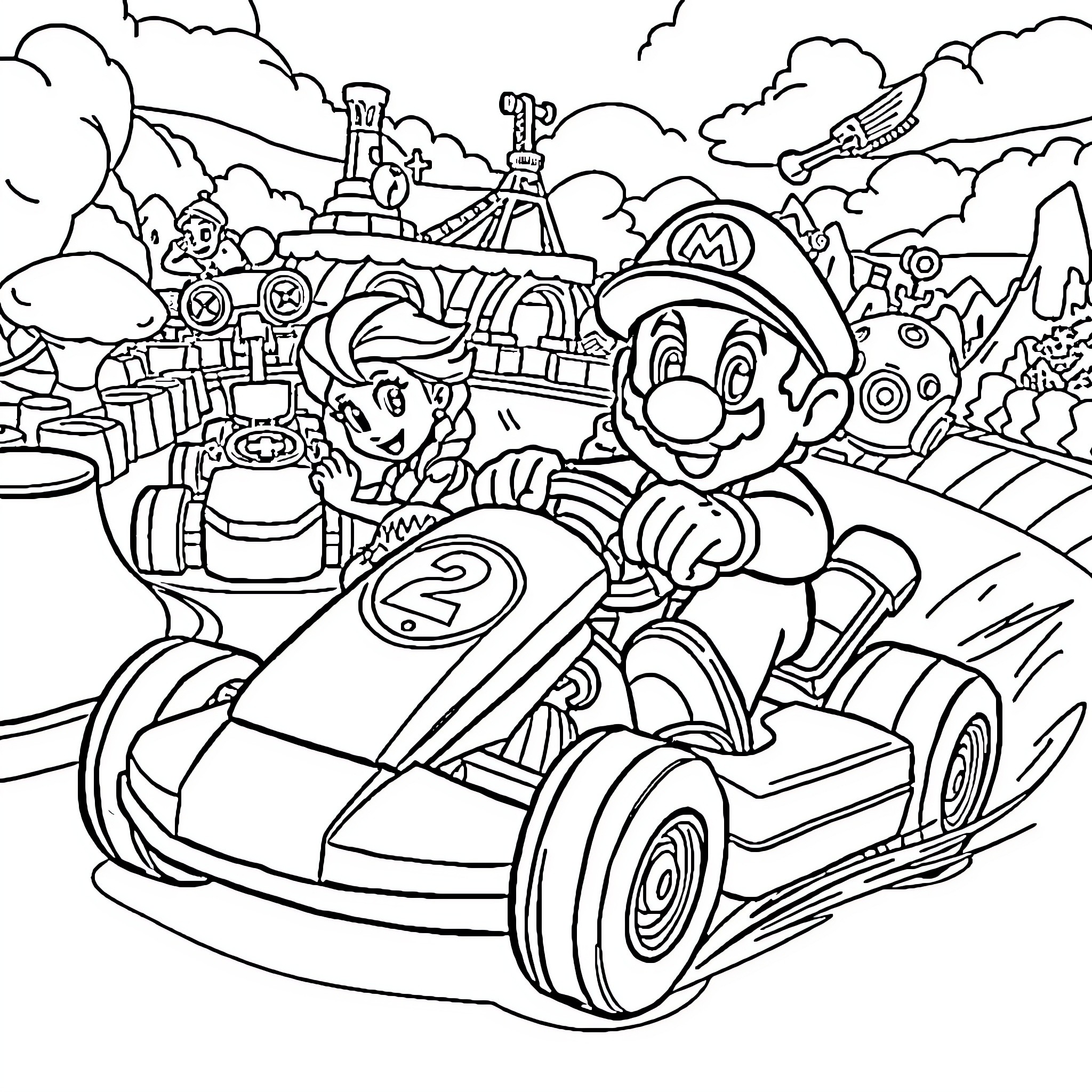 Mario's Exciting Kart Racing Adventure Coloring Page (free black-and-white line drawing printable PDF for all, from beginners to advanced learners, including children, teens, adults, and seniors)