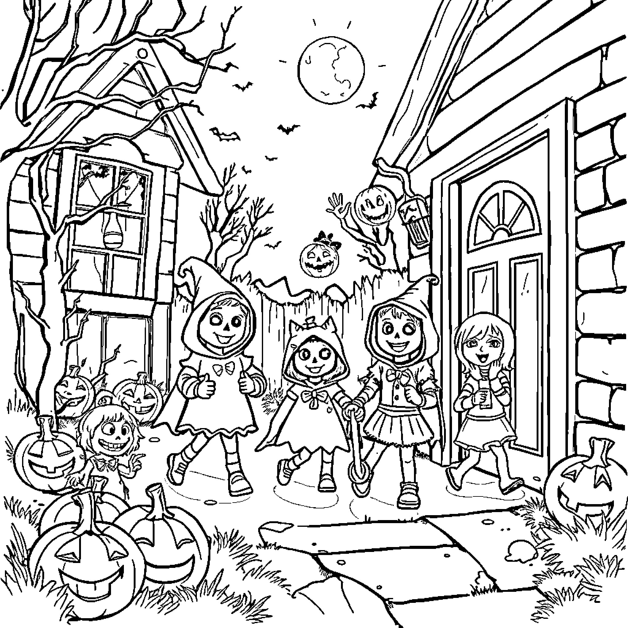 Halloween trick-or-treating on a spooky night Coloring Page (free black-and-white line drawing printable PDF for all, from beginners to advanced learners, including children, teens, adults, and seniors)