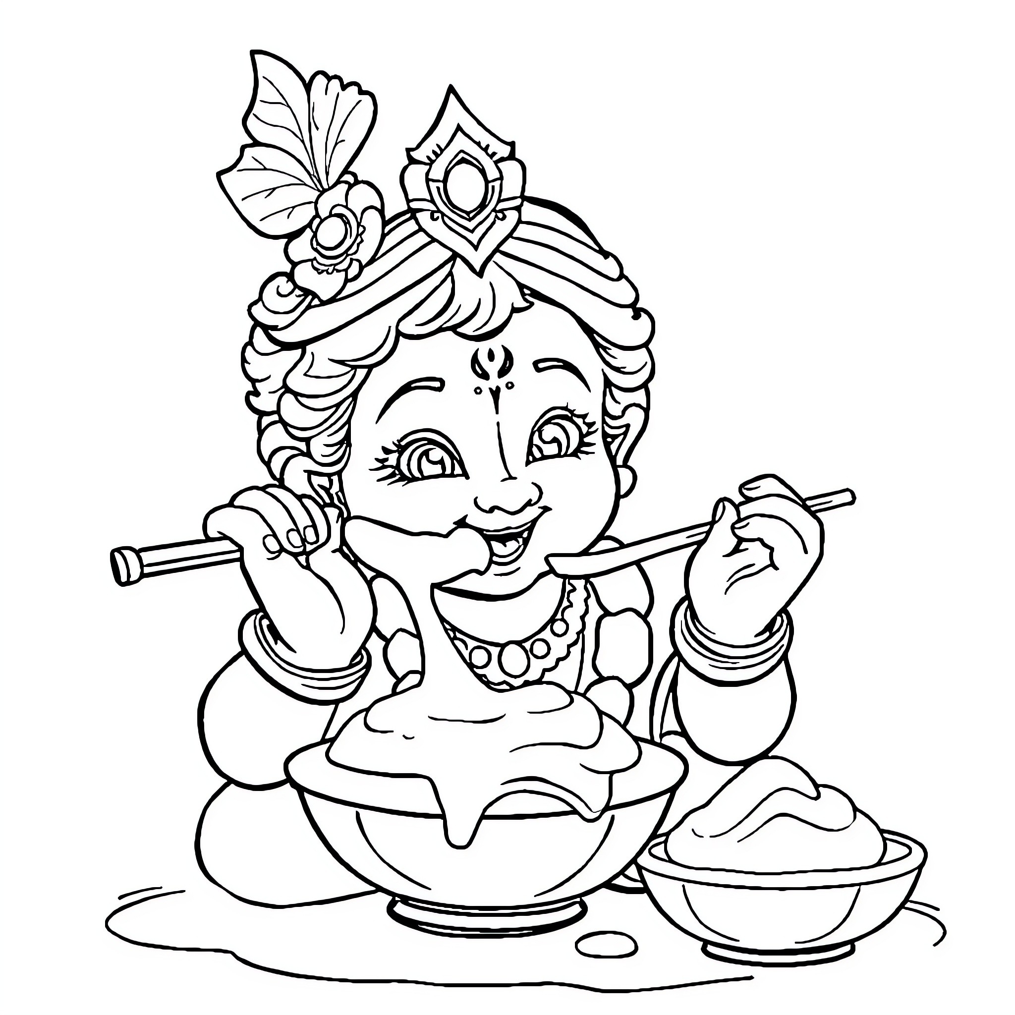Krishna playing joyfully with food Coloring Page (free black-and-white line drawing printable PDF for all, from beginners to advanced learners, including children, teens, adults, and seniors)