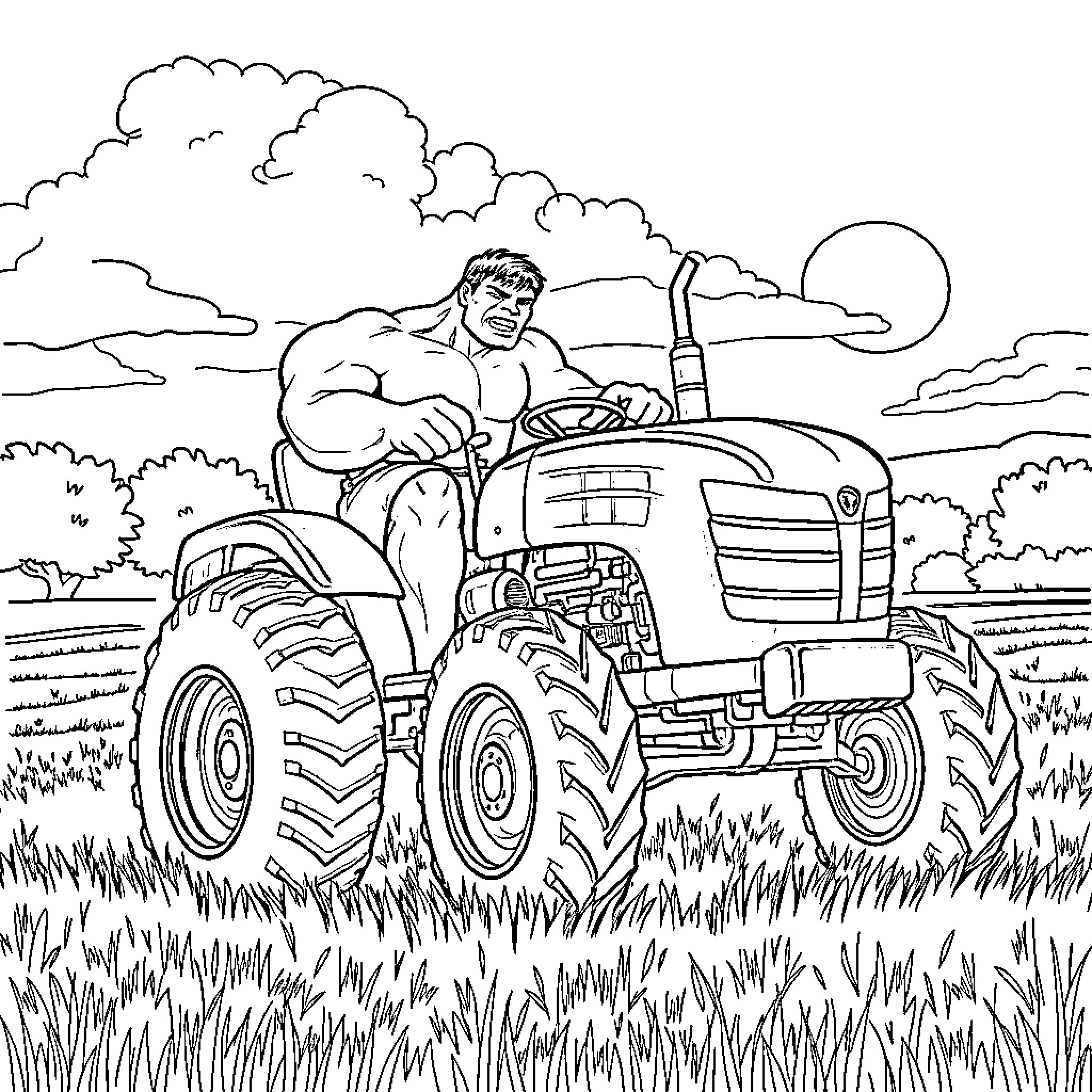 Hulk operating a powerful tractor in a rural landscape Coloring Page (free black-and-white line drawing printable PDF for all, from beginners to advanced learners, including children, teens, adults, and seniors)