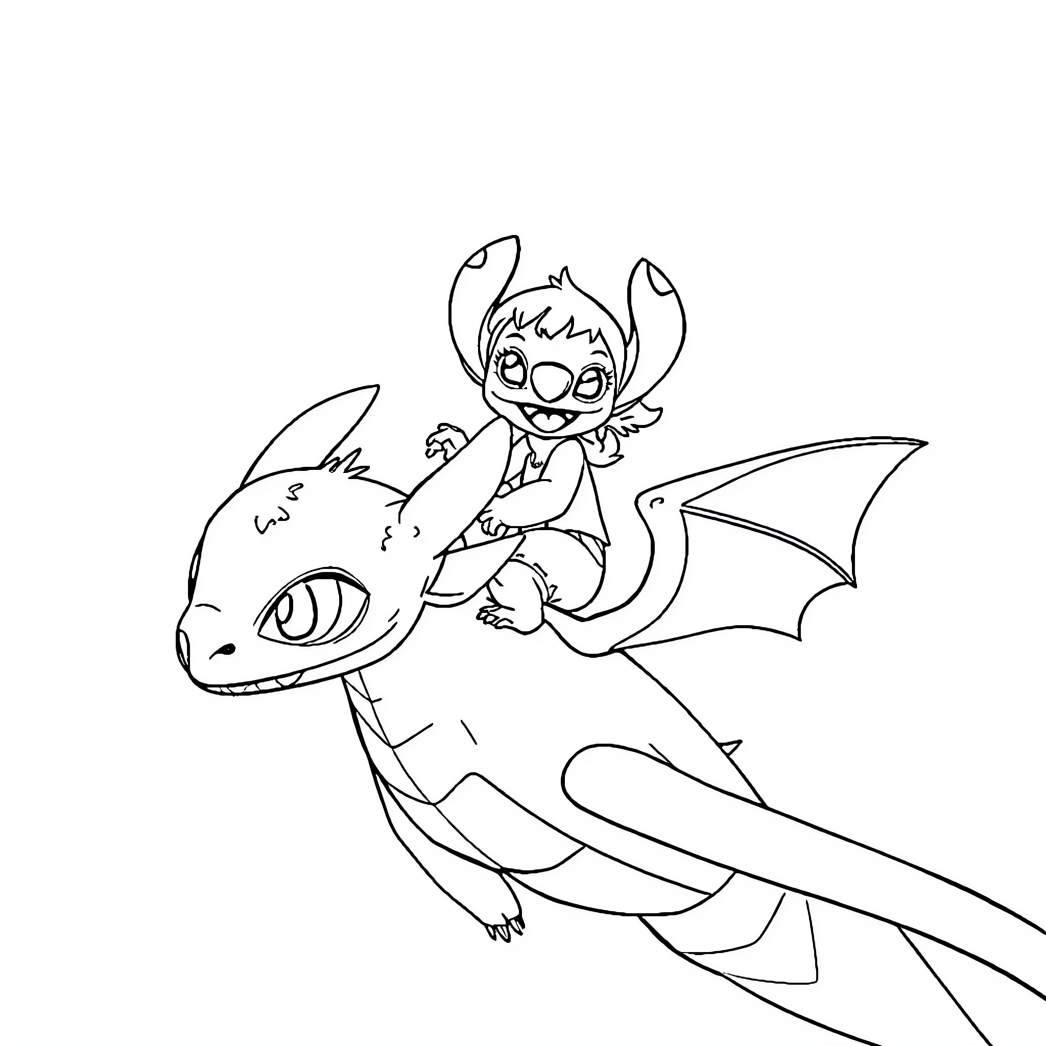 Lilo And Stitch riding a dragon in the air Coloring Page (free black-and-white line drawing printable PDF for all, from beginners to advanced learners, including children, teens, adults, and seniors)