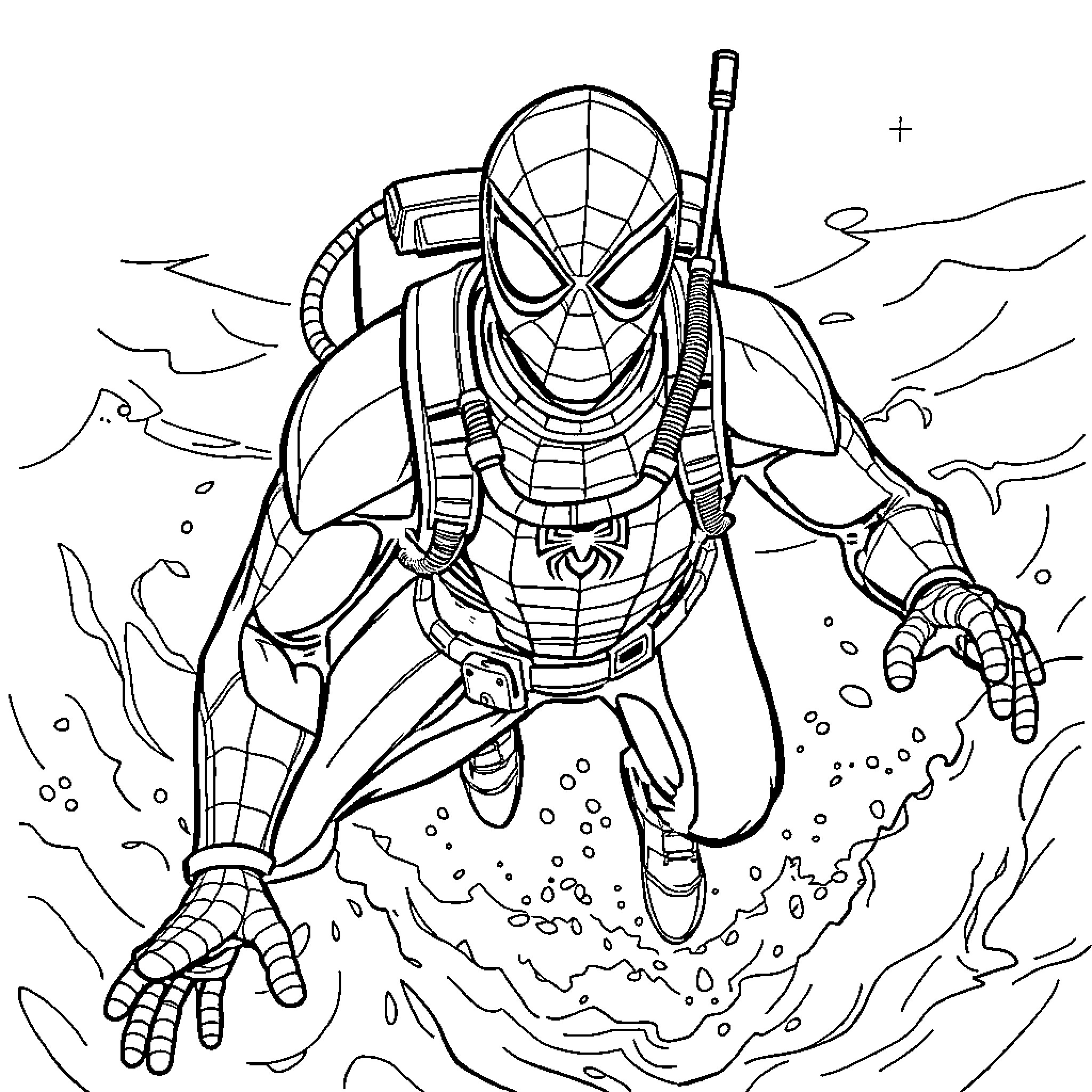 Spiderman swinging through the city in action Coloring Page (free black-and-white line drawing printable PDF for all, from beginners to advanced learners, including children, teens, adults, and seniors)