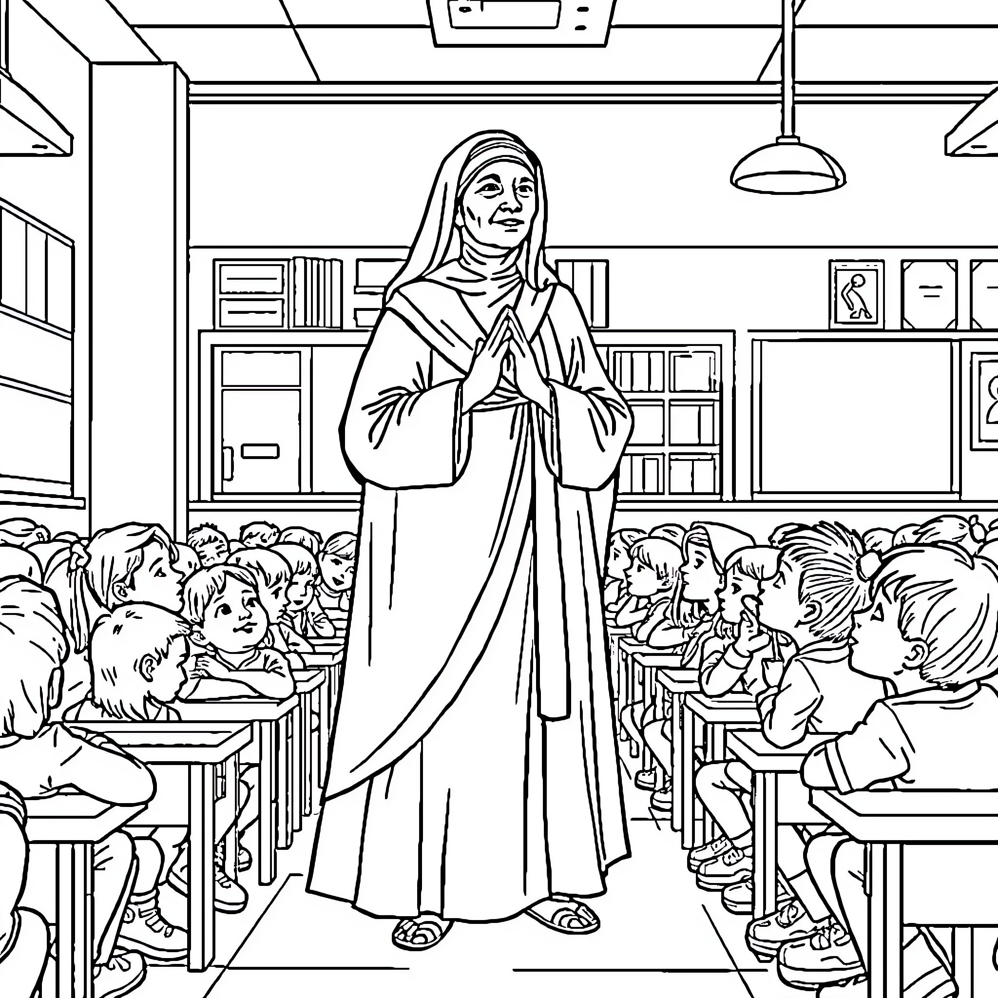 St Teresa teaching students in a classroom Coloring Page (free black-and-white line drawing printable PDF for all, from beginners to advanced learners, including children, teens, adults, and seniors)
