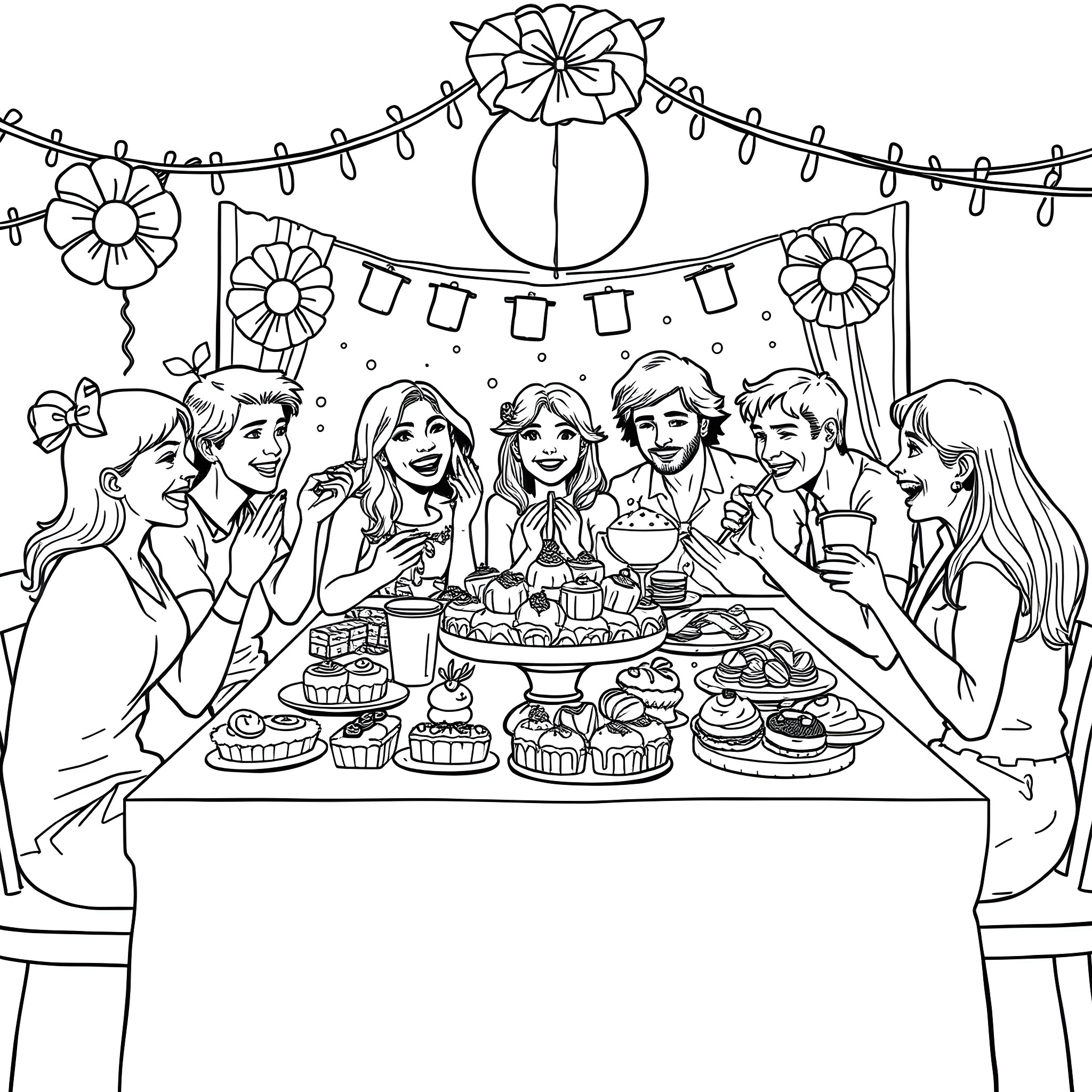 Donut Party with Friends Coloring Page (free black-and-white line drawing printable PDF for all, from beginners to advanced learners, including children, teens, adults, and seniors)