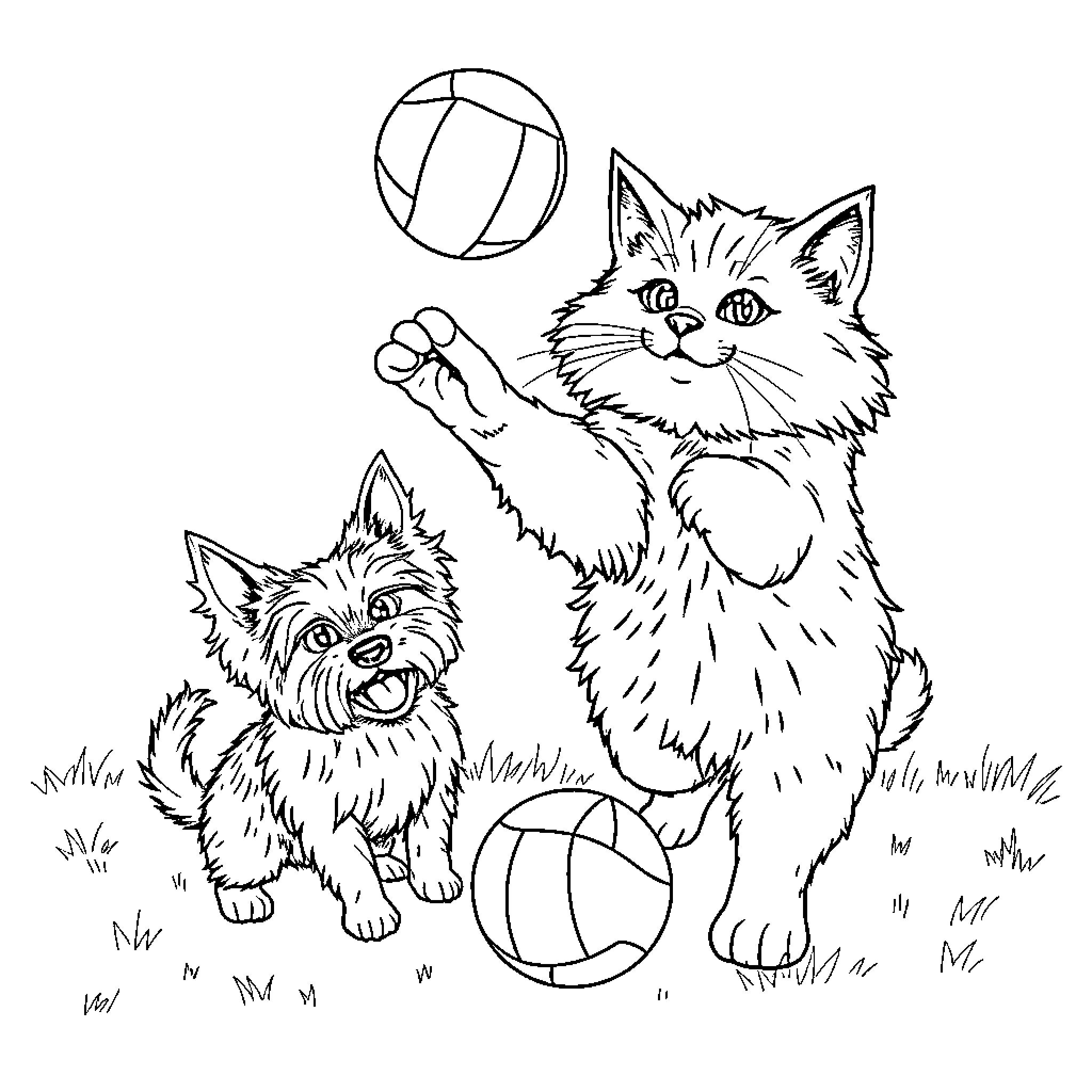 Cats playing with balls on grass Coloring Page (free black-and-white line drawing printable PDF for all, from beginners to advanced learners, including children, teens, adults, and seniors)