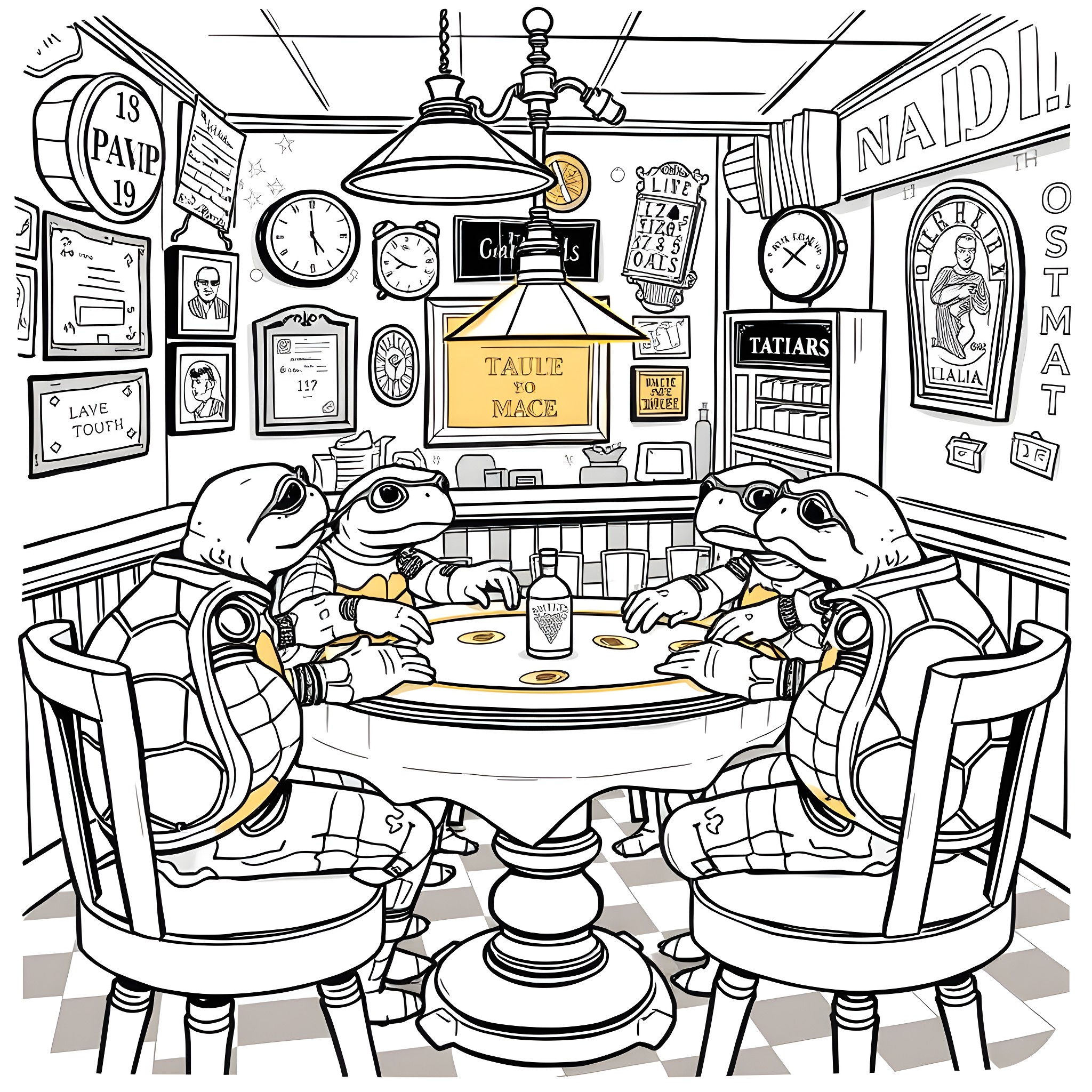 Turtles enjoying a cozy meal in a retro diner Coloring Page (free black-and-white line drawing printable PDF for all, from beginners to advanced learners, including children, teens, adults, and seniors)