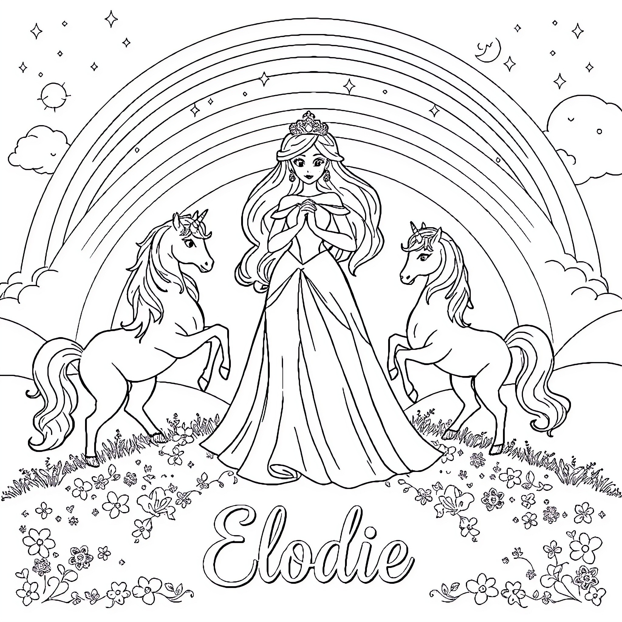 Princess Elodie's Majestic Rainbow Adventure Coloring Page (free black-and-white line drawing printable PDF for all, from beginners to advanced learners, including children, teens, adults, and seniors)