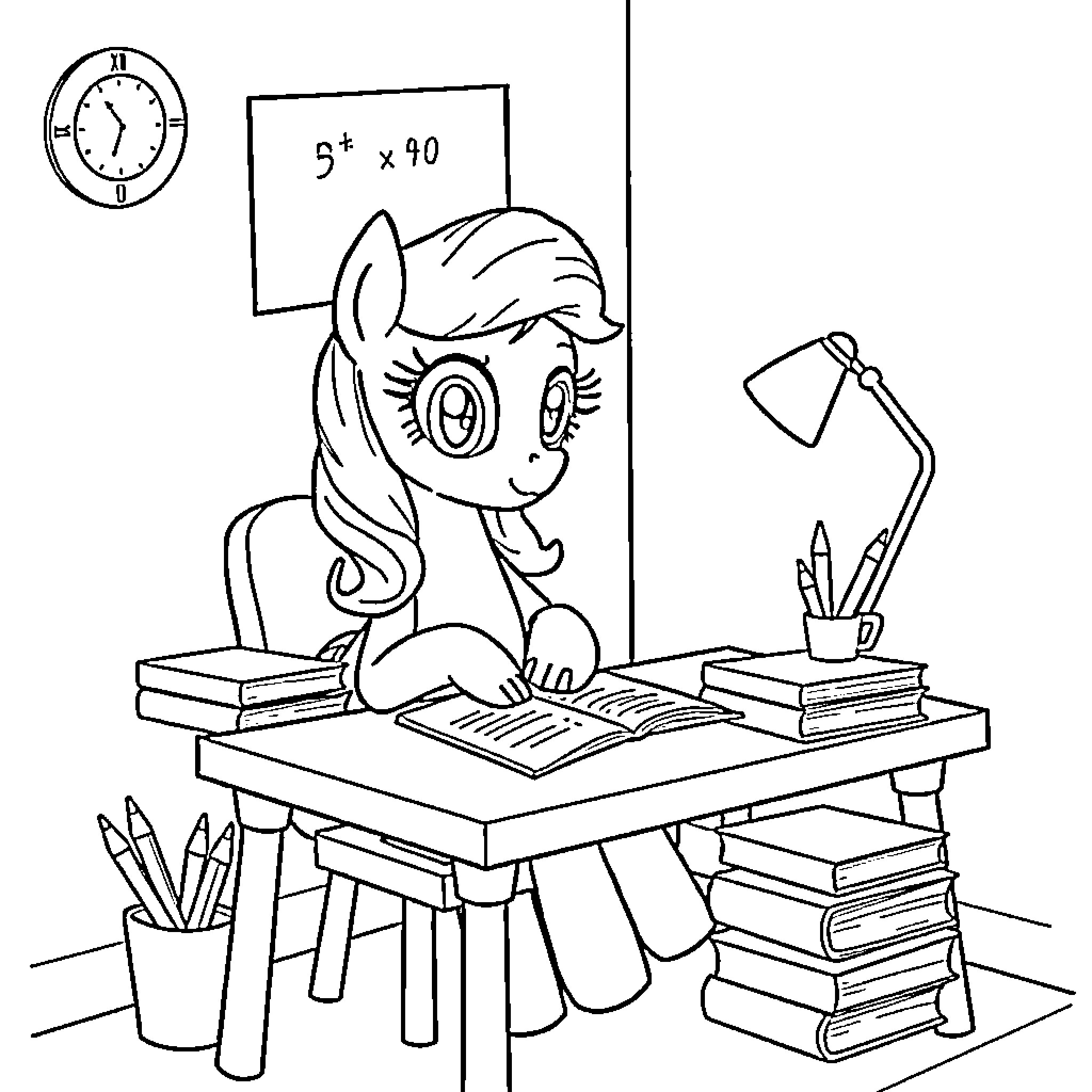Pony studying diligently at desk Coloring Page (free black-and-white line drawing printable PDF for all, from beginners to advanced learners, including children, teens, adults, and seniors)