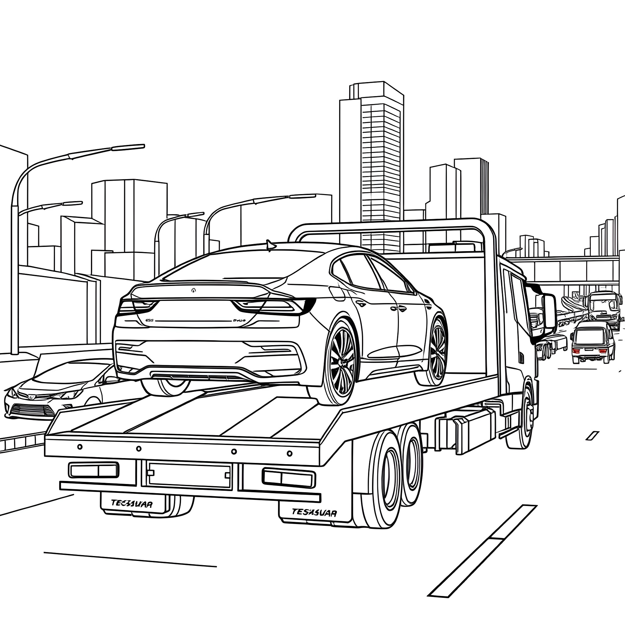 Truck transporting luxury car in urban cityscape Coloring Page (free black-and-white line drawing printable PDF for all, from beginners to advanced learners, including children, teens, adults, and seniors)