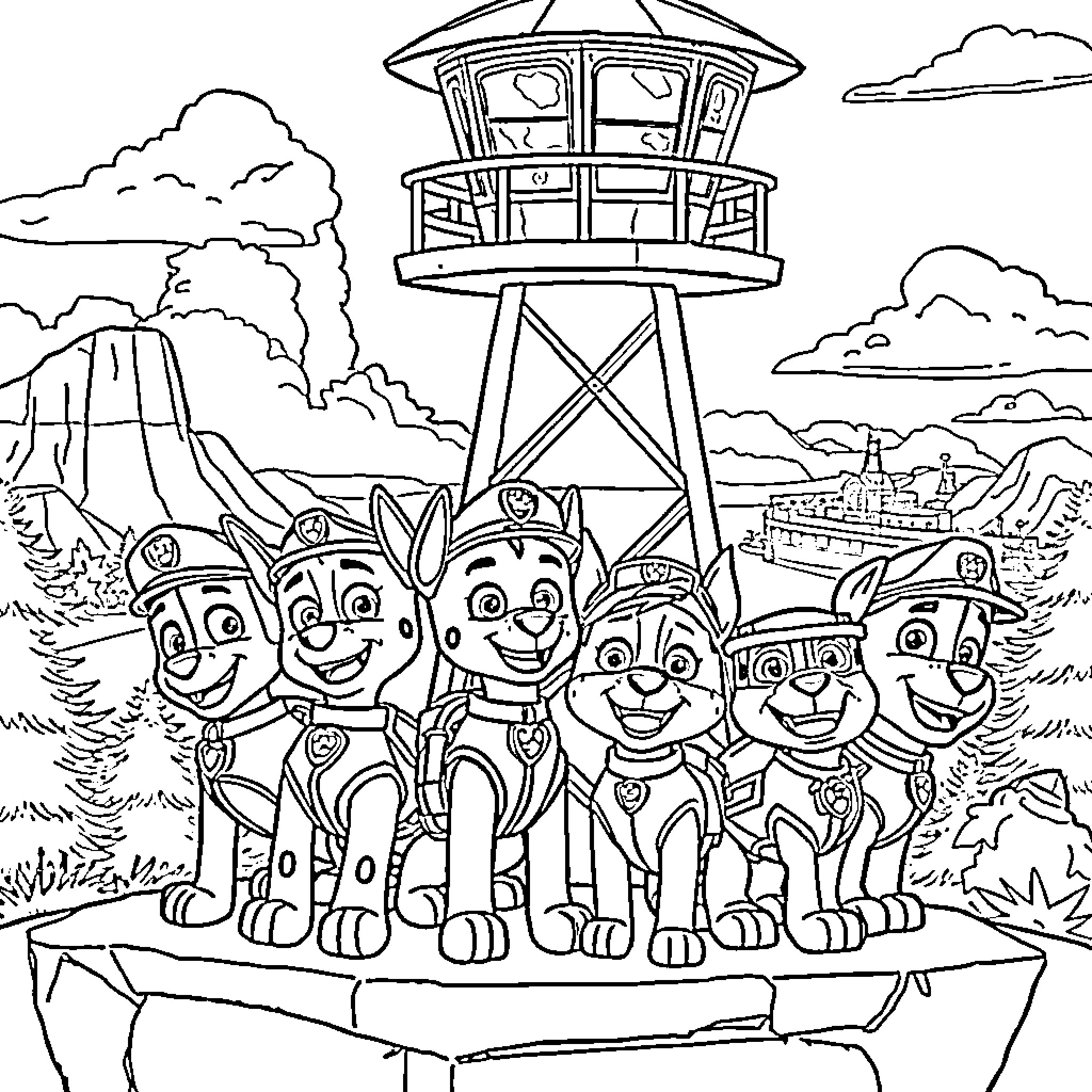 Paw Patrol team in outdoor adventure Coloring Page (free black-and-white line drawing printable PDF for all, from beginners to advanced learners, including children, teens, adults, and seniors)