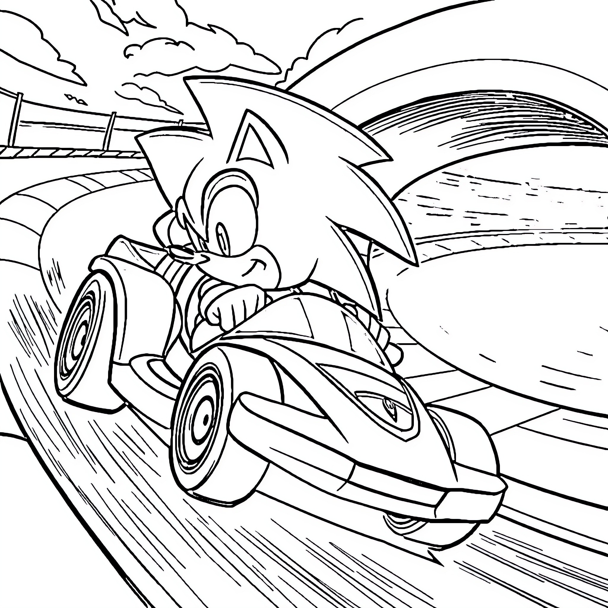 Sonic racing through an action-packed landscape Coloring Page (free black-and-white line drawing printable PDF for all, from beginners to advanced learners, including children, teens, adults, and seniors)