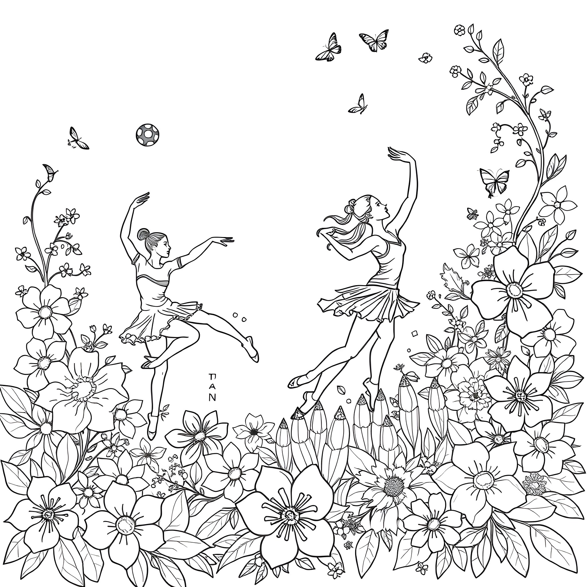 Sport of Dancing Among Flowers and Butterflies Coloring Page (free black-and-white line drawing printable PDF for all, from beginners to advanced learners, including children, teens, adults, and seniors)