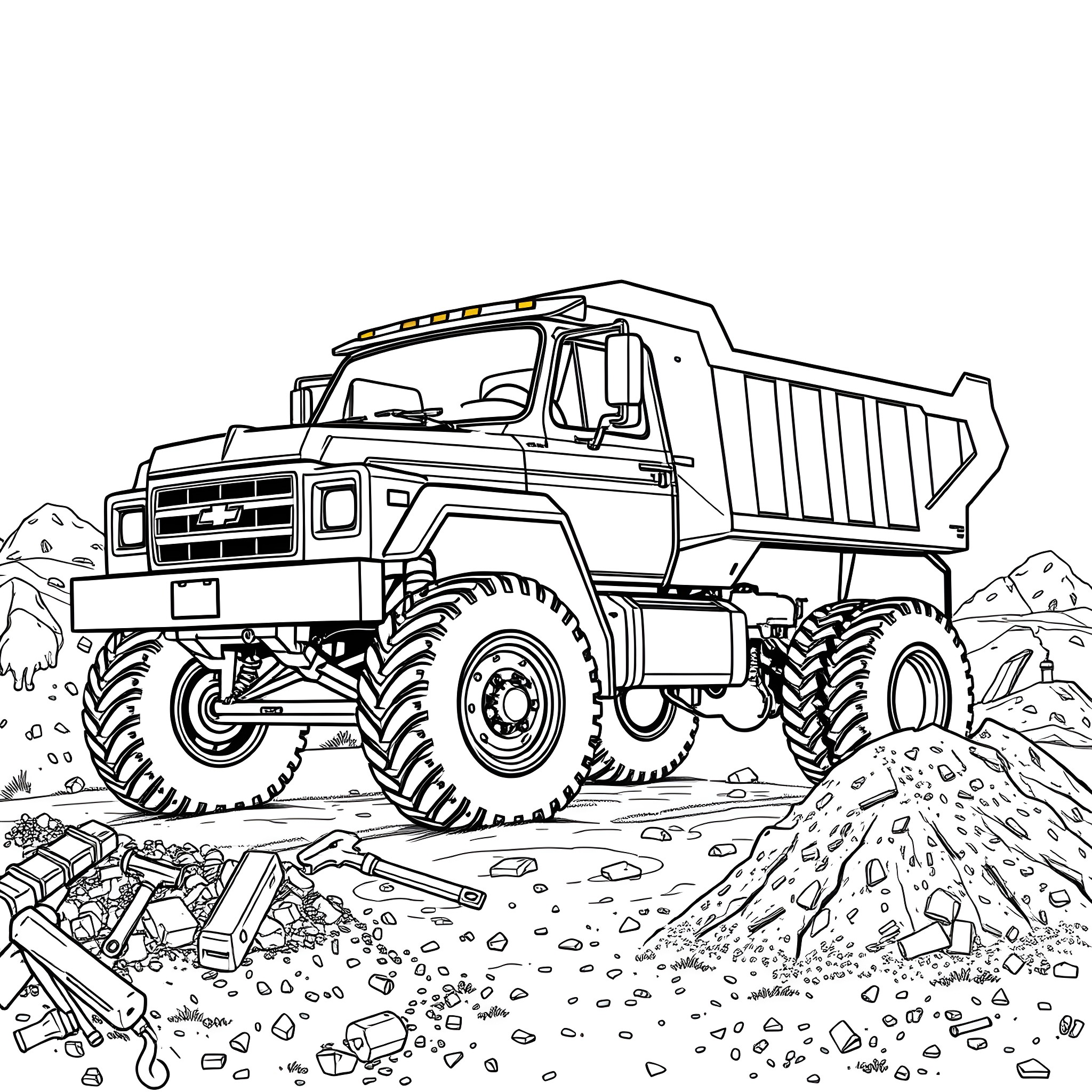 Chevy Monster Truck Traversing Rugged Terrain Coloring Page (free black-and-white line drawing printable PDF for all, from beginners to advanced learners, including children, teens, adults, and seniors)